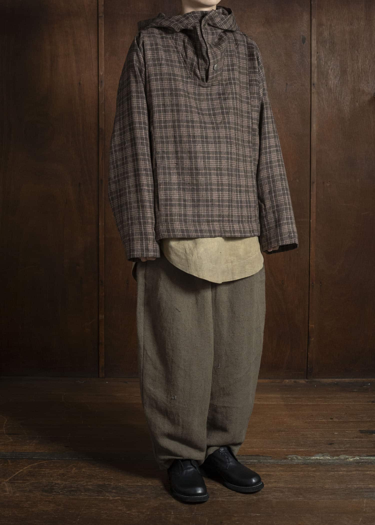 Gathering Textiles Fisherman Hoodie Handwoven , Hand Felted Sheep Wool ,Naturally Yarn Dyed Brown Red Checks FIH01-FW-GC