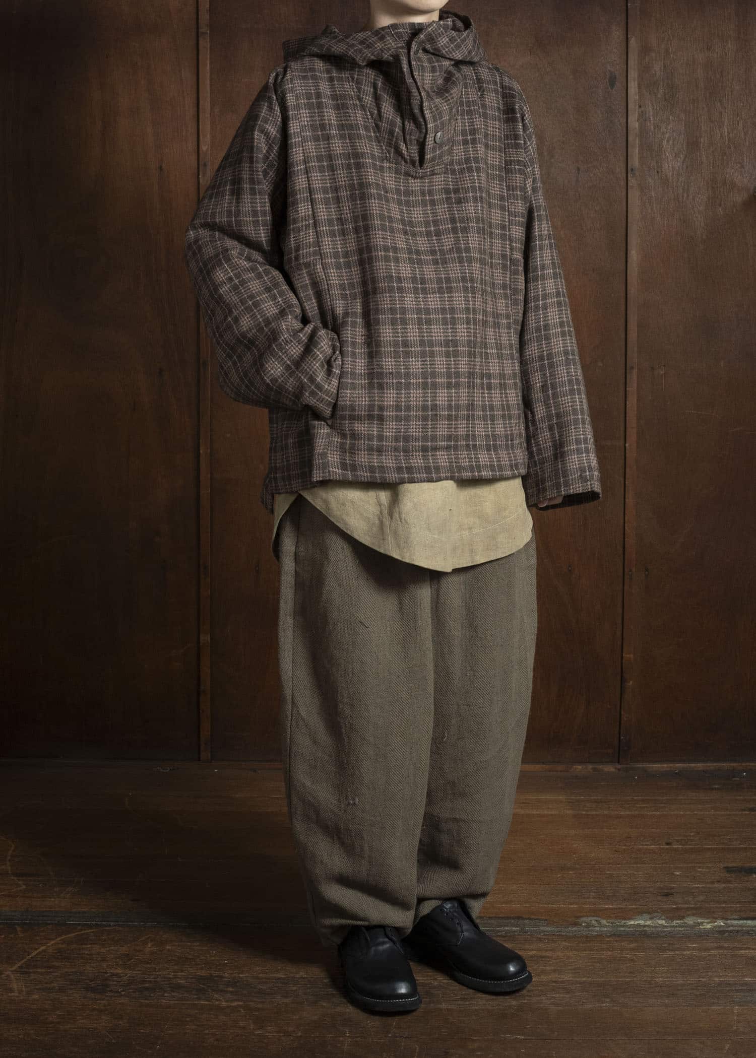 Gathering Textiles Fisherman Hoodie Handwoven , Hand Felted Sheep Wool ,Naturally Yarn Dyed Brown Red Checks FIH01-FW-GC