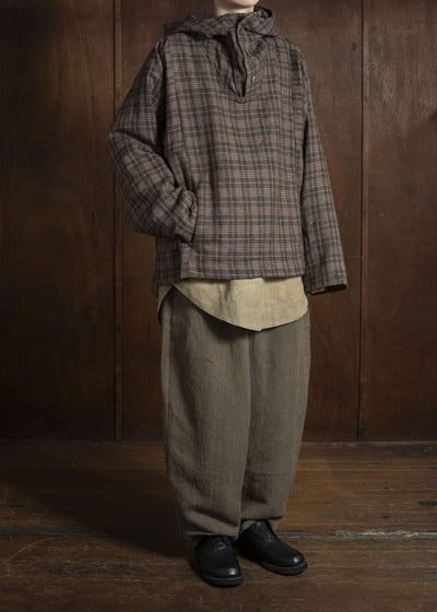 Gathering Textiles Fisherman Hoodie Handwoven , Hand Felted Sheep Wool ,Naturally Yarn Dyed Brown Red Checks FIH01-FW-GC