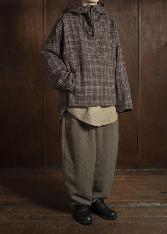 Gathering Textiles Fisherman Hoodie Handwoven , Hand Felted Sheep Wool ,Naturally Yarn Dyed Brown Red Checks FIH01-FW-GC