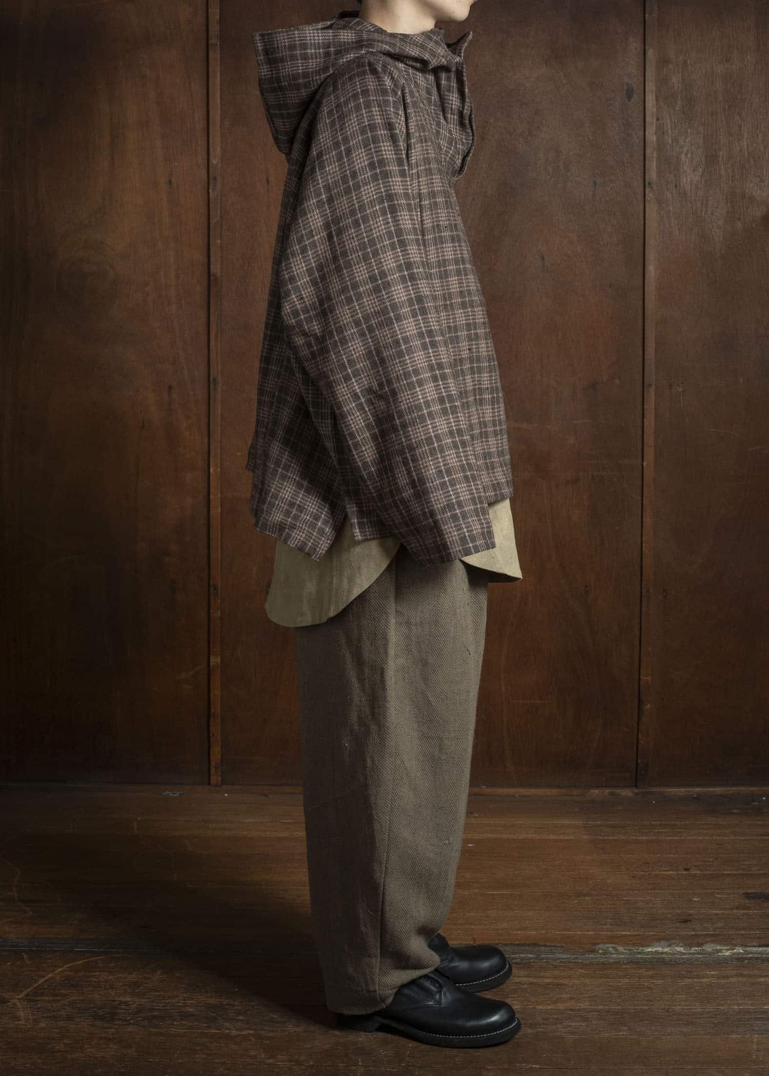 Gathering Textiles Fisherman Hoodie Handwoven , Hand Felted Sheep Wool ,Naturally Yarn Dyed Brown Red Checks FIH01-FW-GC