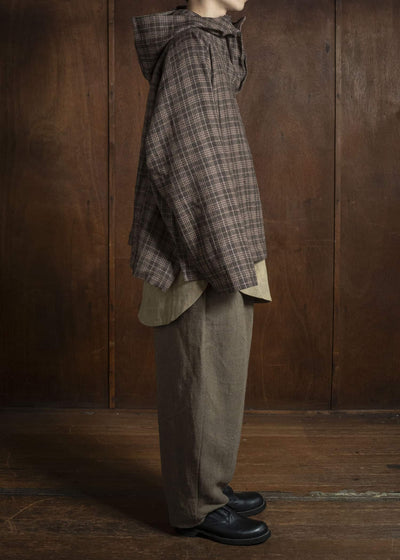 Gathering Textiles Fisherman Hoodie Handwoven , Hand Felted Sheep Wool ,Naturally Yarn Dyed Brown Red Checks FIH01-FW-GC