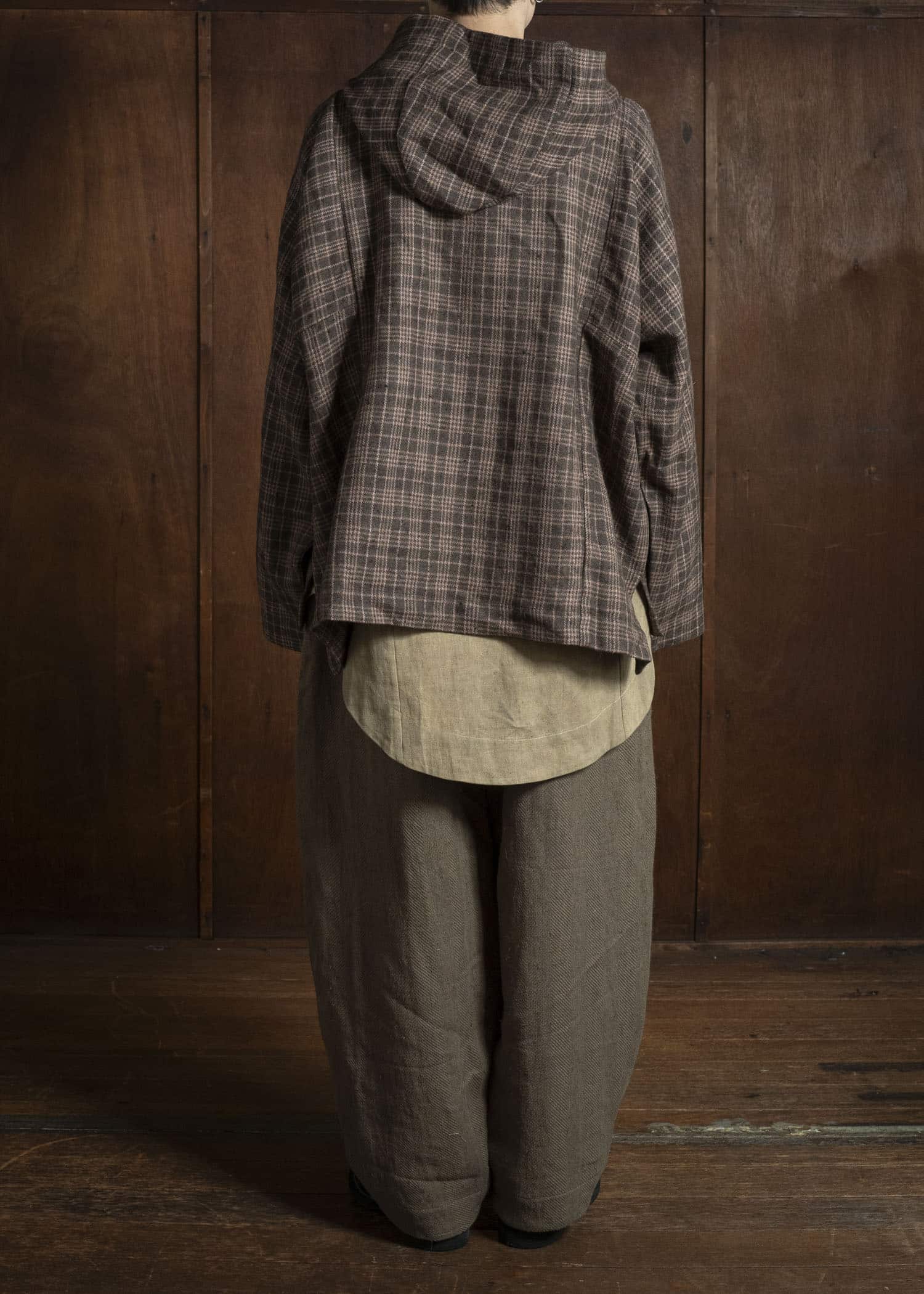 Gathering Textiles Fisherman Hoodie Handwoven , Hand Felted Sheep Wool ,Naturally Yarn Dyed Brown Red Checks FIH01-FW-GC