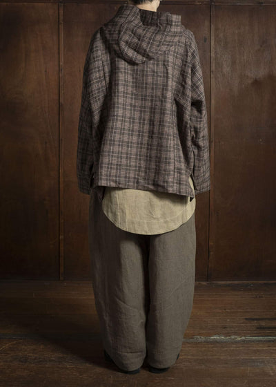 Gathering Textiles Fisherman Hoodie Handwoven , Hand Felted Sheep Wool ,Naturally Yarn Dyed Brown Red Checks FIH01-FW-GC