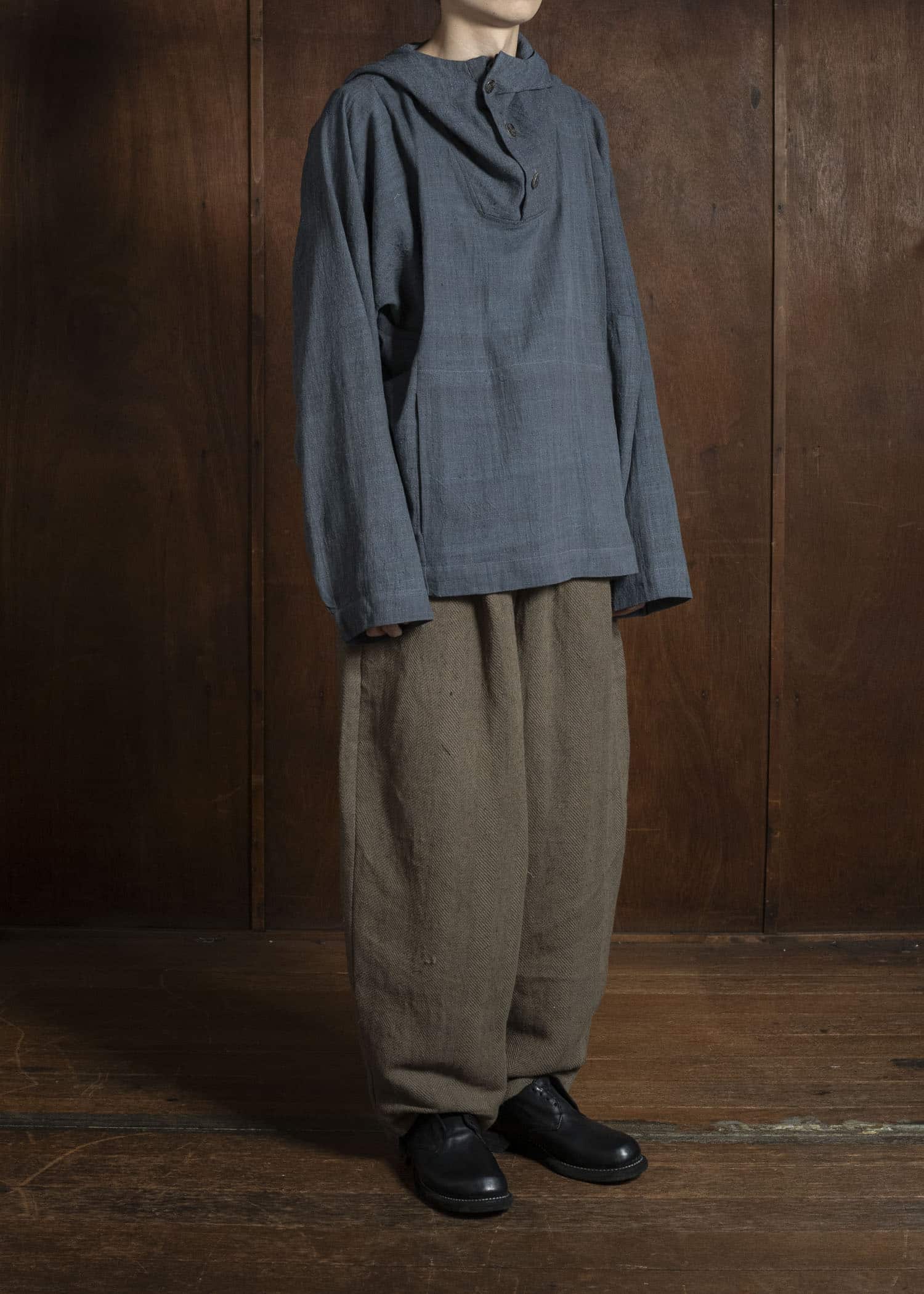 Gathering Textiles Fisherman Hoodie Handwoven , Kala Cotton Yarn Dyed Black Blue FIH01-KC-BB