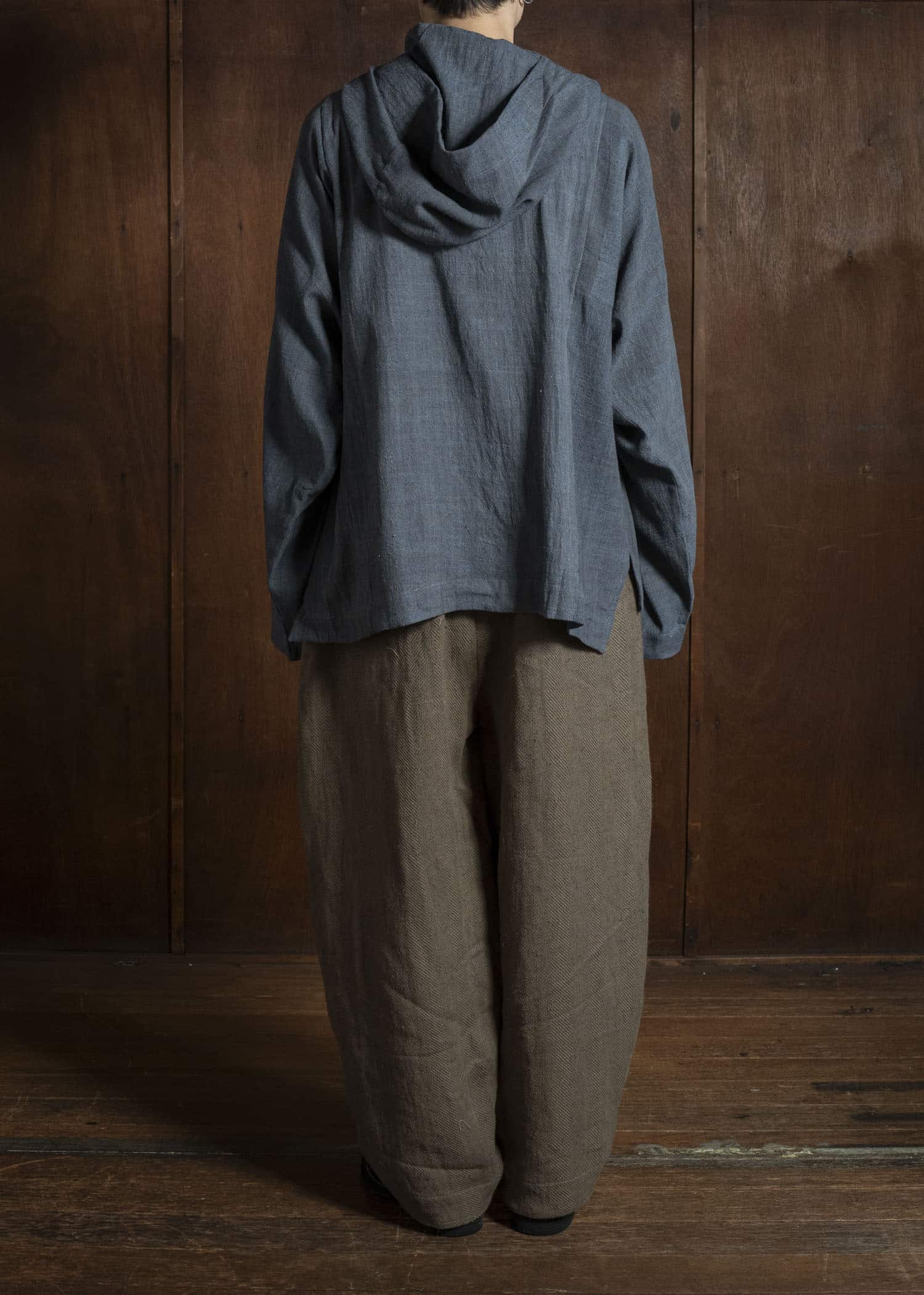 Gathering Textiles Fisherman Hoodie Handwoven , Kala Cotton Yarn Dyed Black Blue FIH01-KC-BB