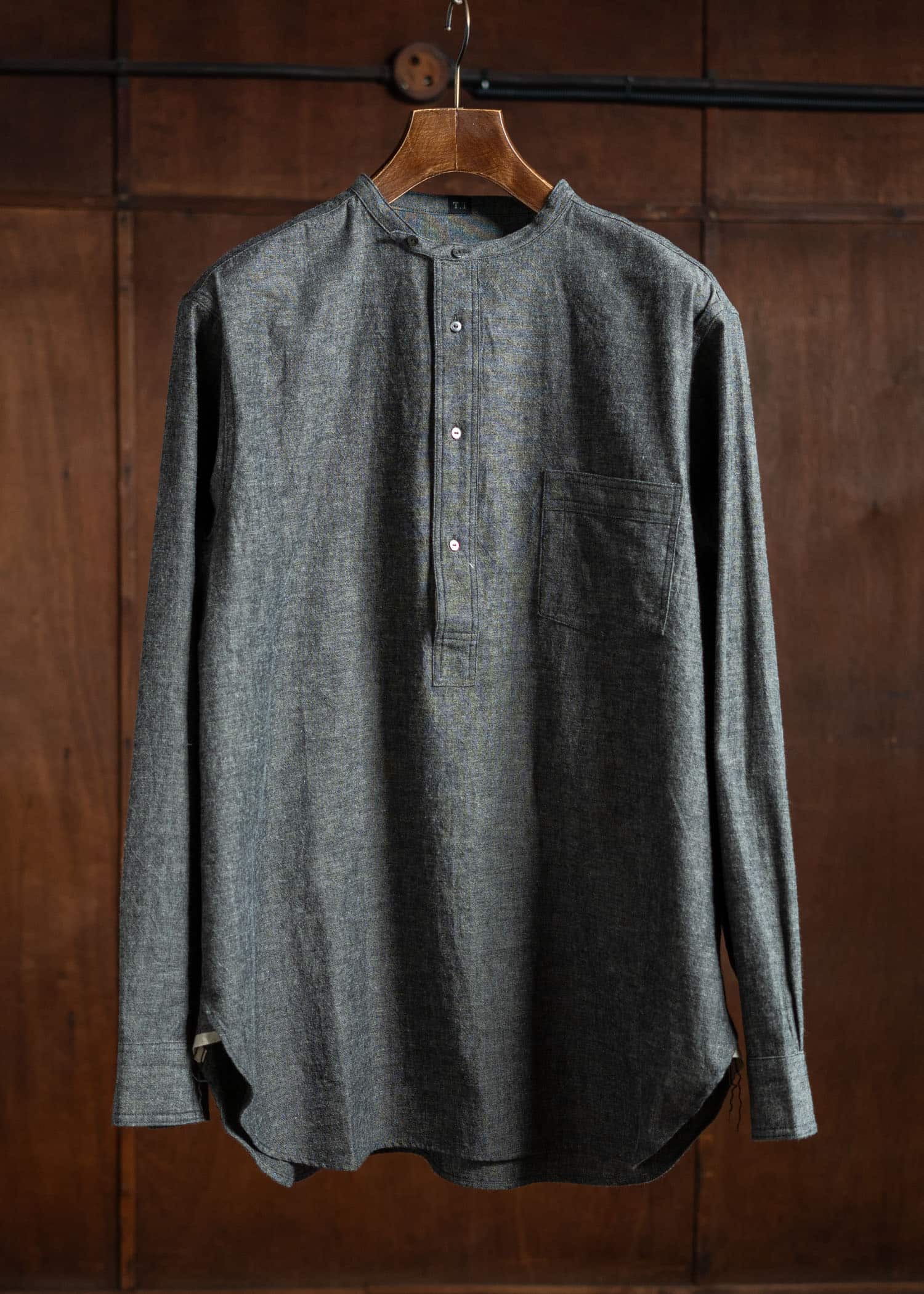 Taiga Takahashi Band Collar Shirt P/O Black Chambray Lot.105