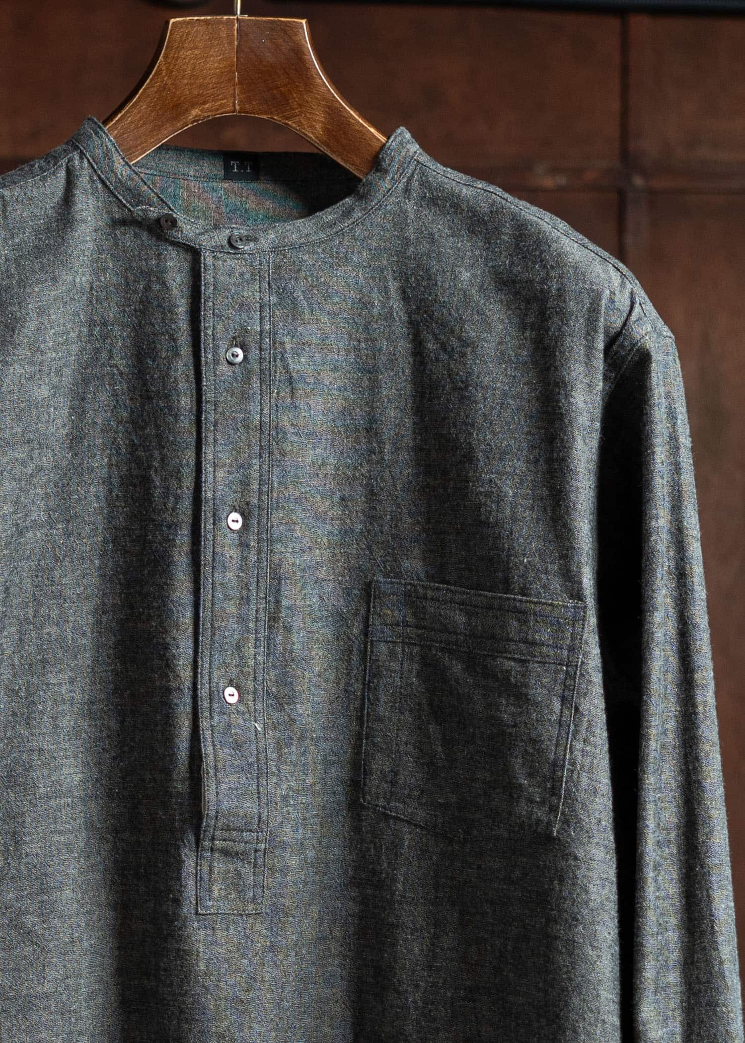 Taiga Takahashi Band Collar Shirt P/O Black Chambray Lot.105