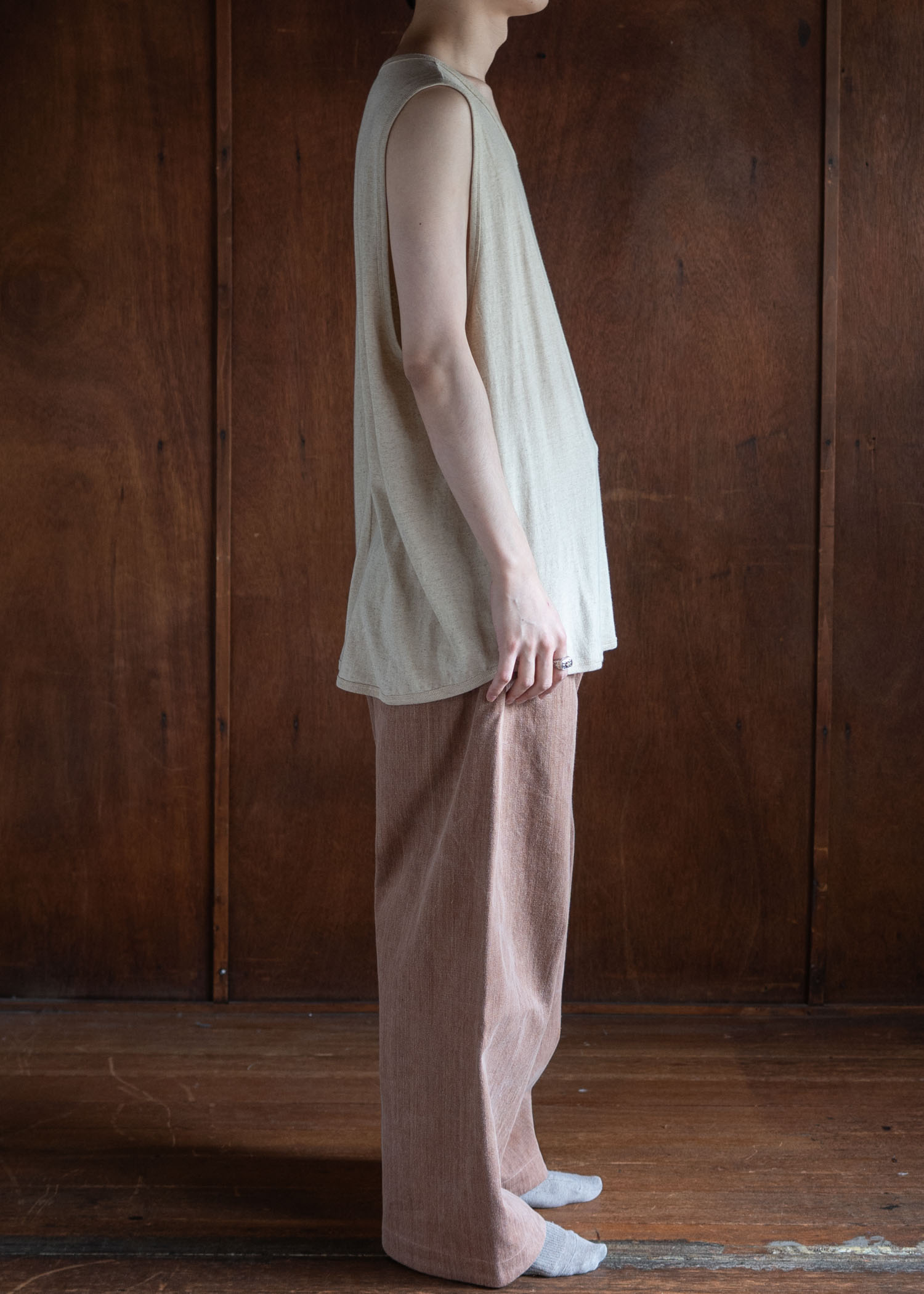 JAN-JAN VAN ESSCHE TANK TOP#16 LOOSE FIT TANK TOP WITH WIDE SHOULDER JERSEYS COTTON LINEN JERSEY NATURAL BROWN