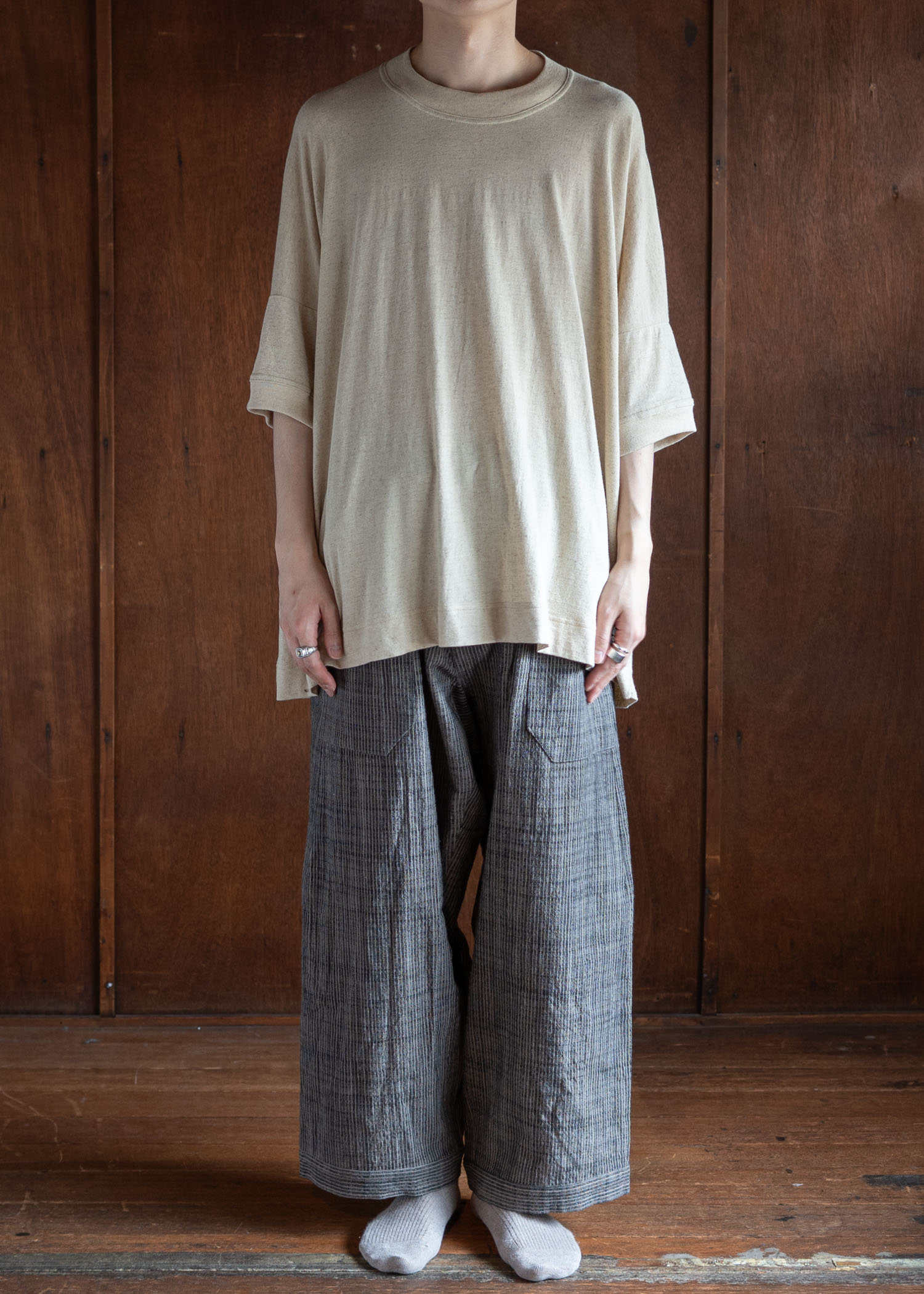 JAN-JAN VAN ESSCHE TROUSERS#80 LOOSE FIT LOW CROTCH TROUSERS WITH ELASTIC WAISTBAND COTTON CLOTH VINTAGE STRIPED