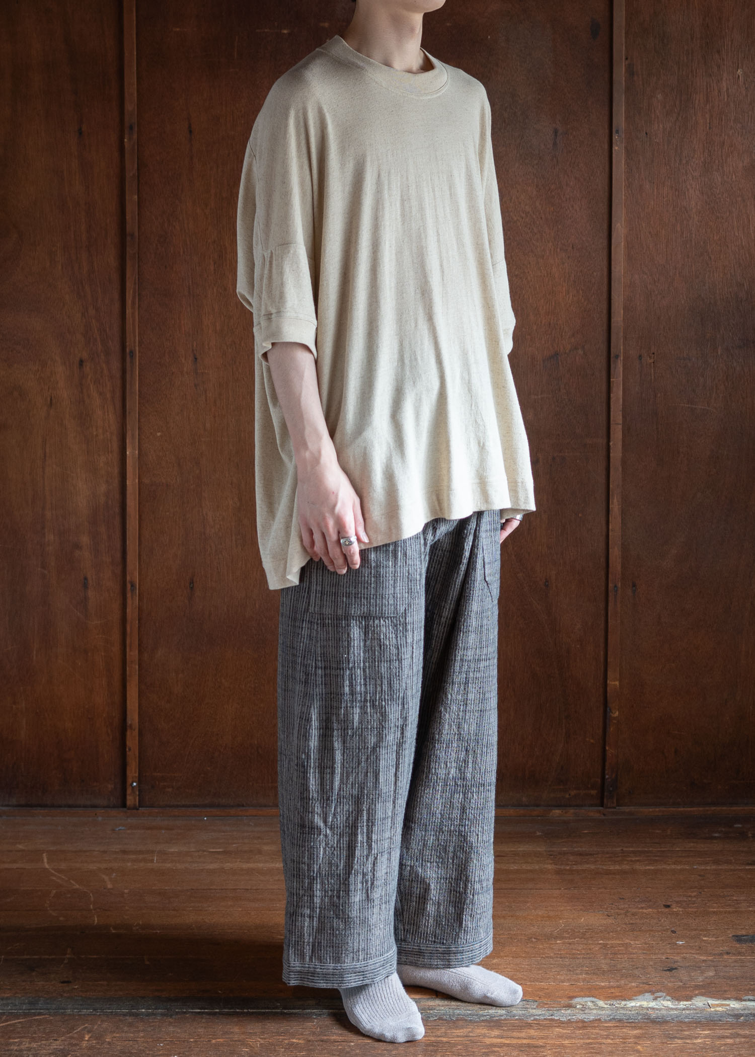 JAN-JAN VAN ESSCHE TROUSERS#80 LOOSE FIT LOW CROTCH TROUSERS WITH ELASTIC WAISTBAND COTTON CLOTH VINTAGE STRIPED