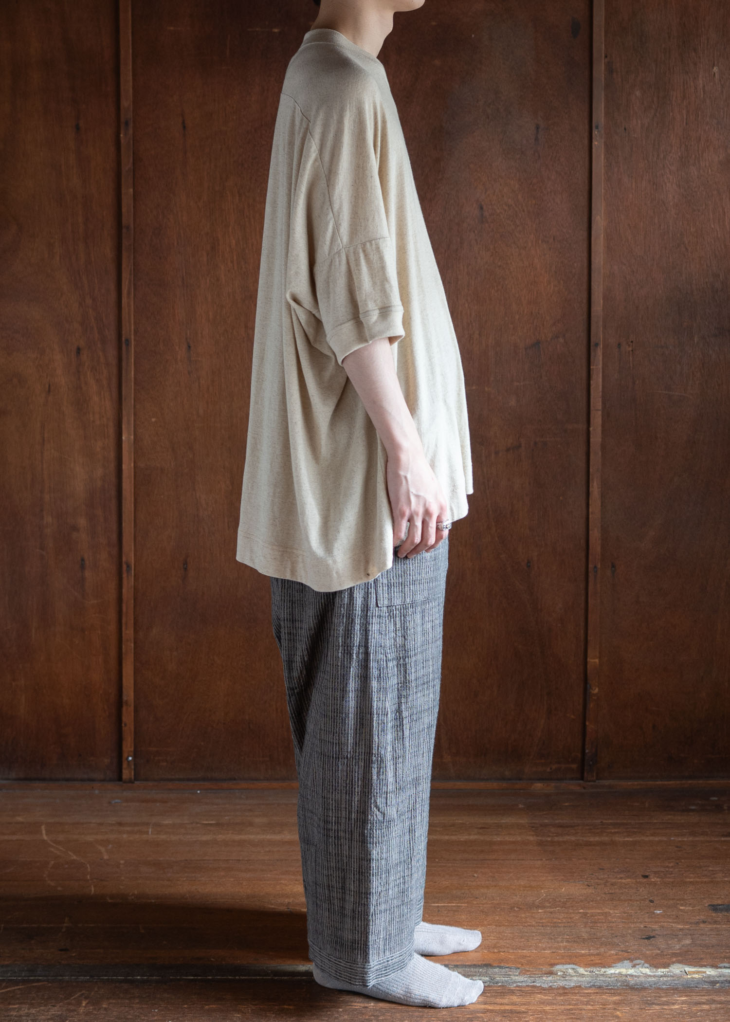 JAN-JAN VAN ESSCHE TROUSERS#80 LOOSE FIT LOW CROTCH TROUSERS WITH ELASTIC WAISTBAND COTTON CLOTH VINTAGE STRIPED