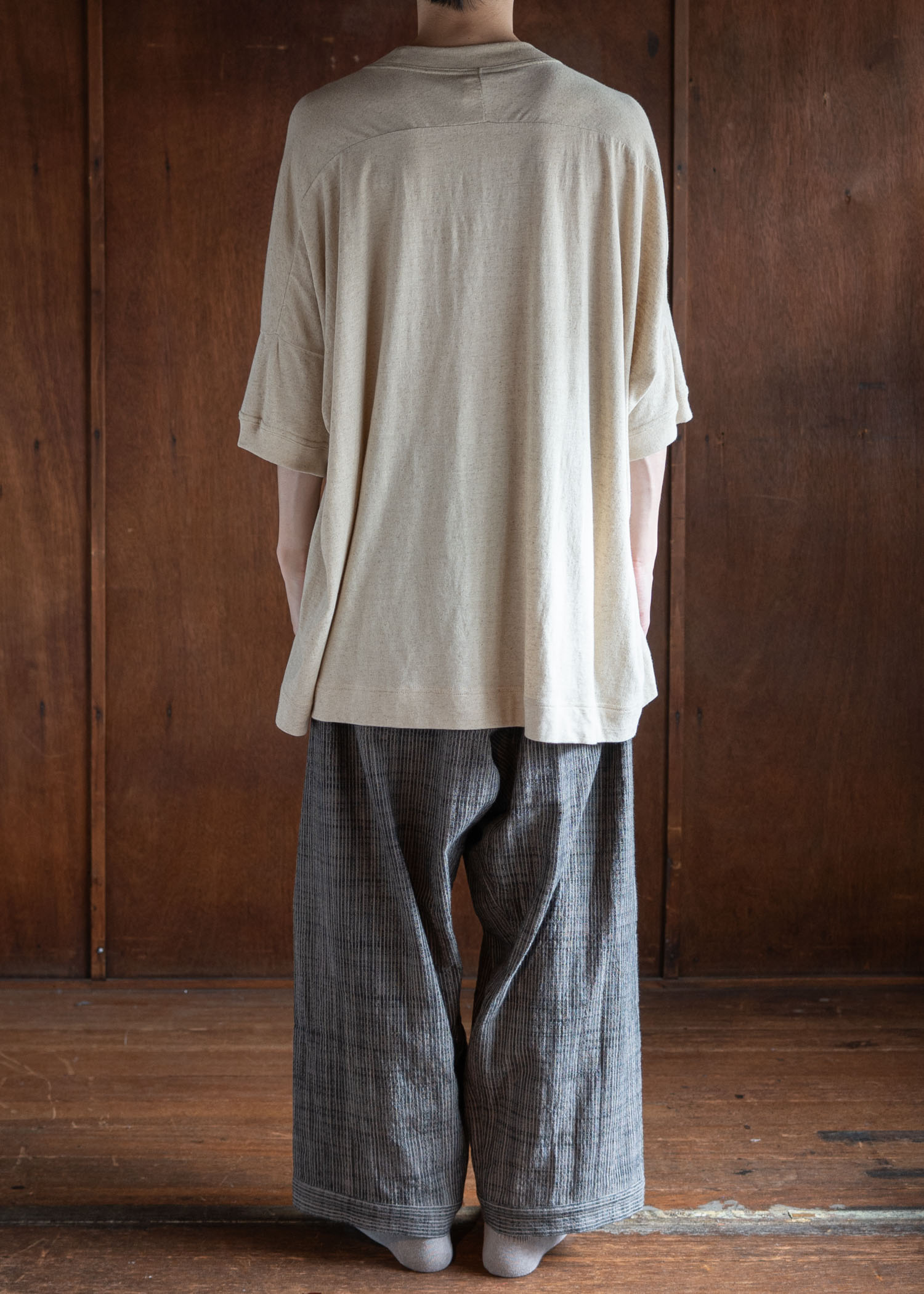 JAN-JAN VAN ESSCHE TROUSERS#80 LOOSE FIT LOW CROTCH TROUSERS WITH ELASTIC WAISTBAND COTTON CLOTH VINTAGE STRIPED