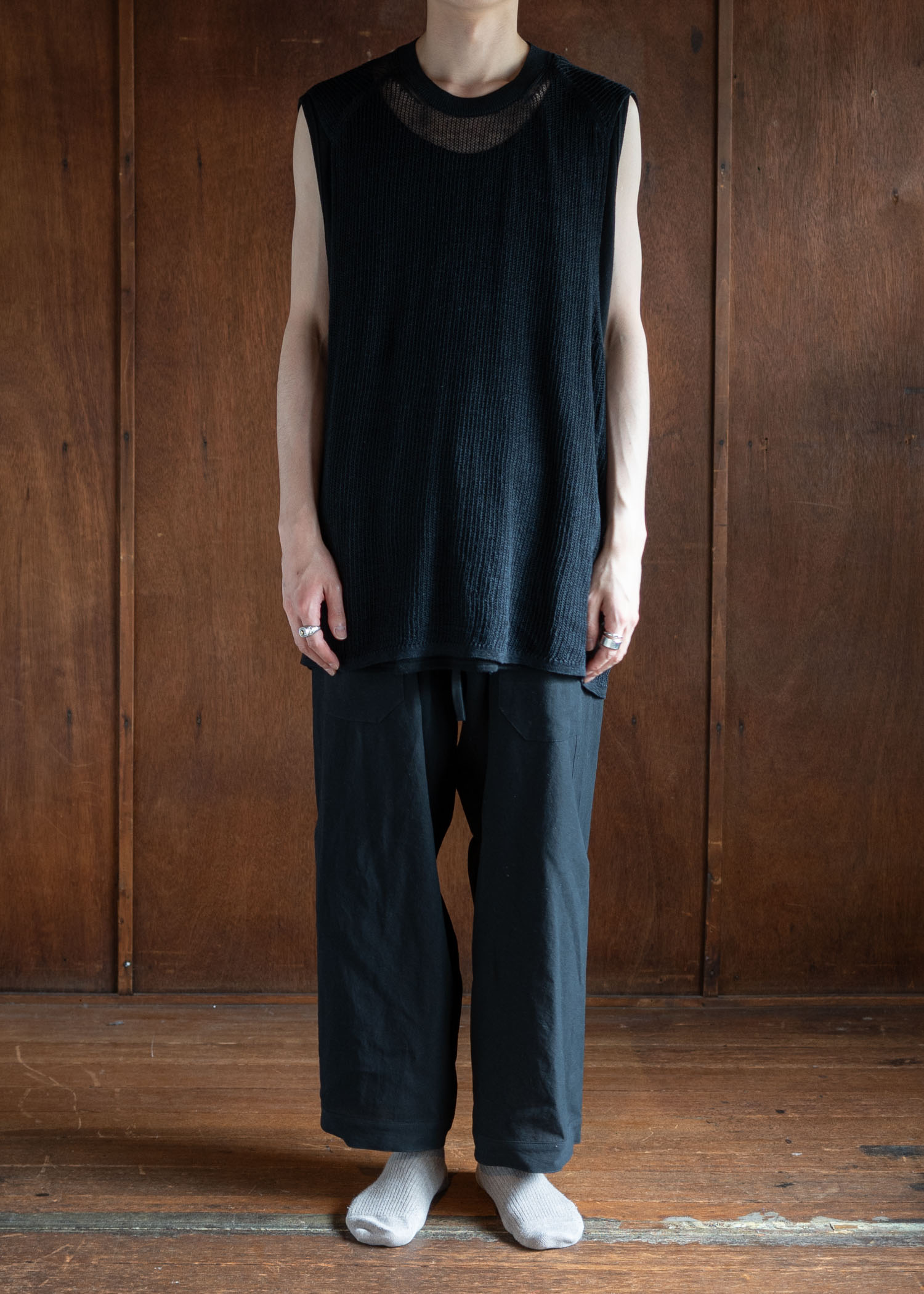 JAN-JAN VAN ESSCHE TROUSERS#80LOOSE FIT LOW CROTCH TROUSERS WASHI SHIRTING BLACK