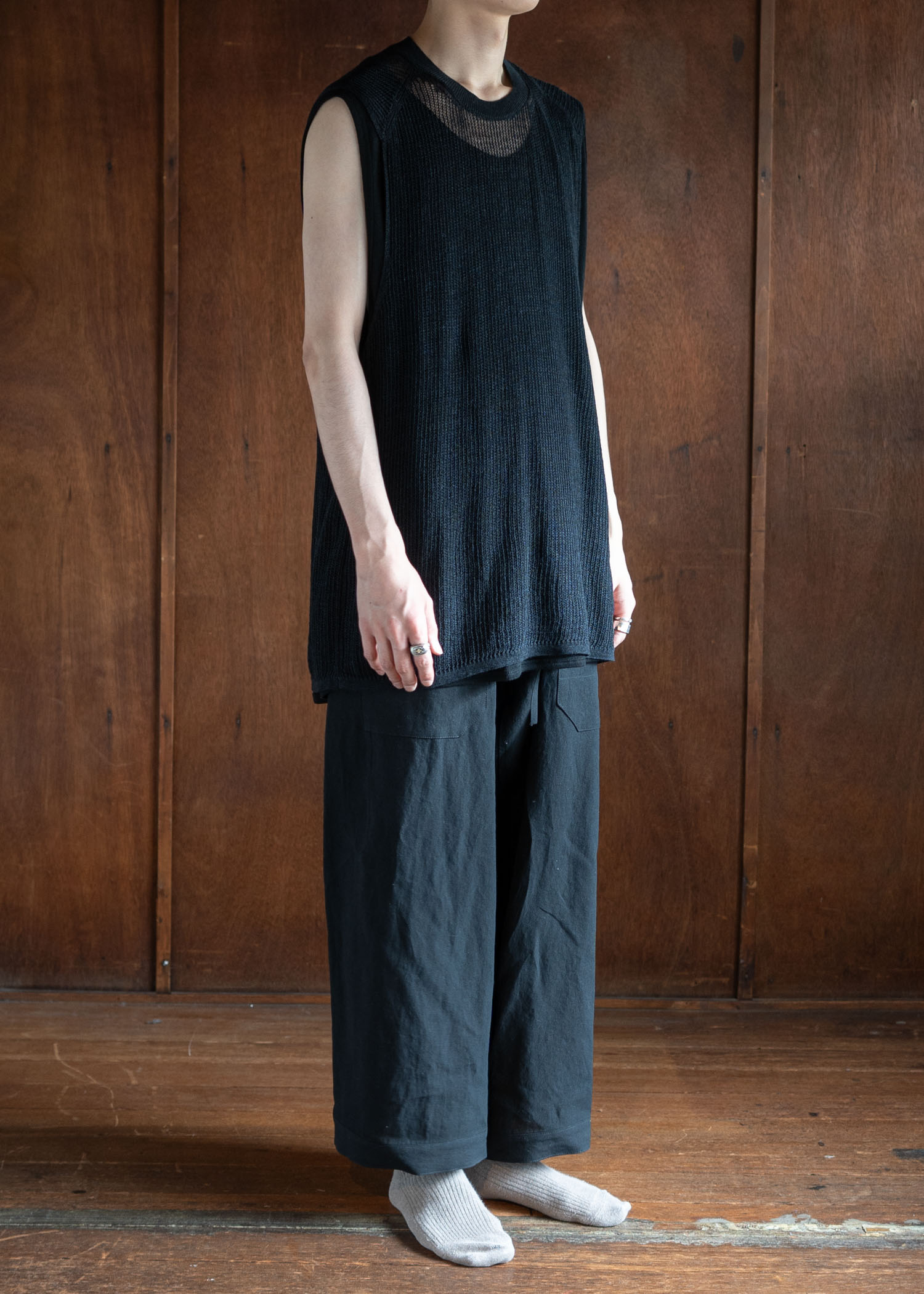 JAN-JAN VAN ESSCHE TROUSERS#80LOOSE FIT LOW CROTCH TROUSERS WASHI SHIRTING BLACK