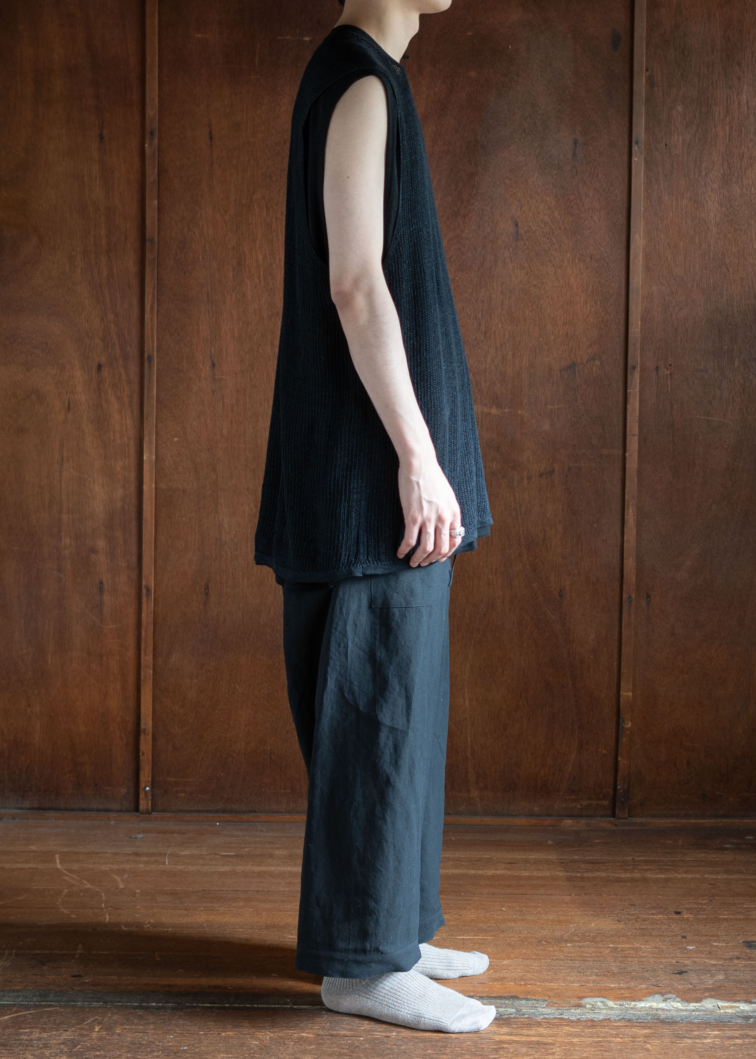 JAN-JAN VAN ESSCHE TROUSERS#80LOOSE FIT LOW CROTCH TROUSERS WASHI SHIRTING BLACK