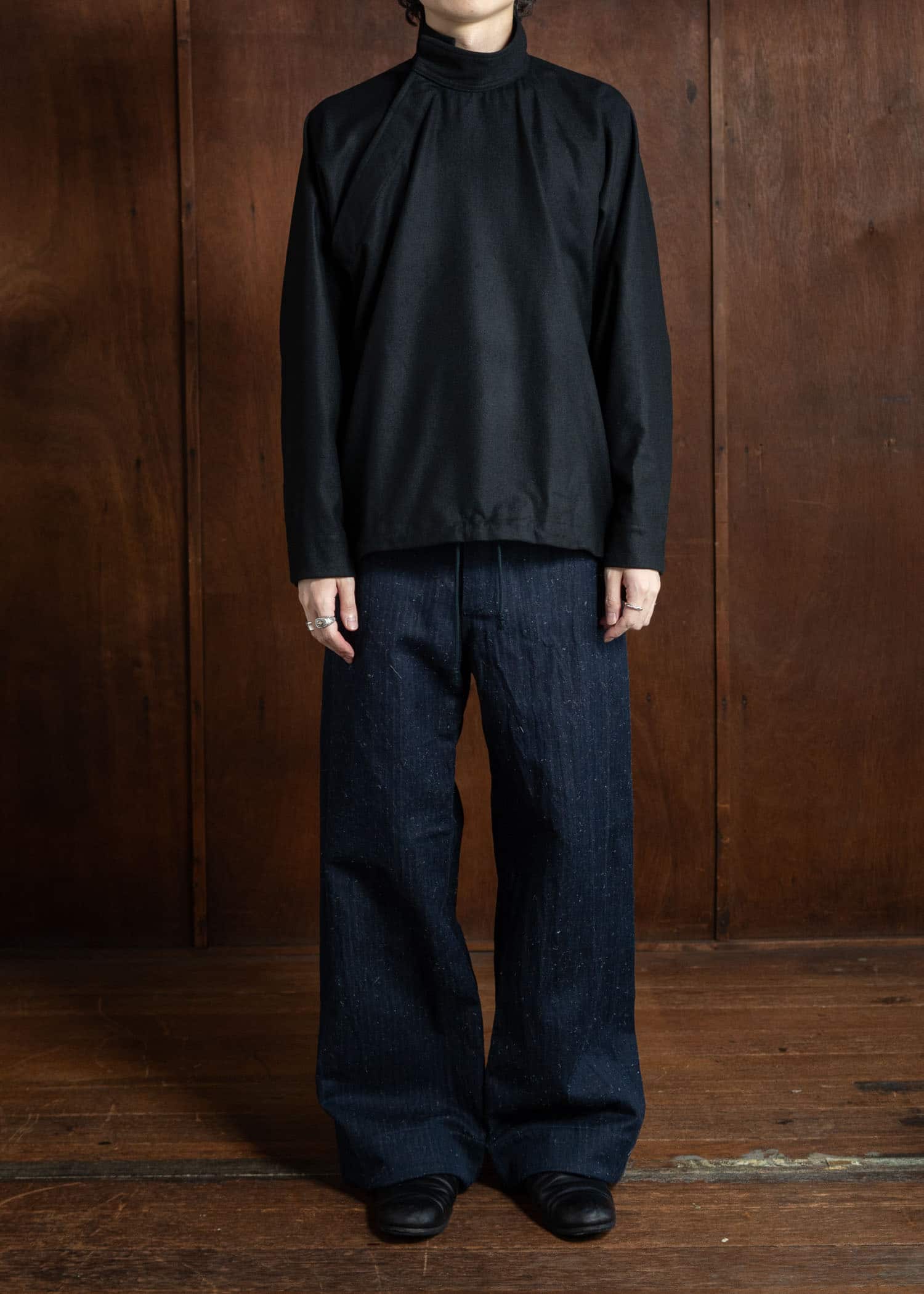 unkruid Wide Leg Trousers Dark Hairy Herringbone Denim