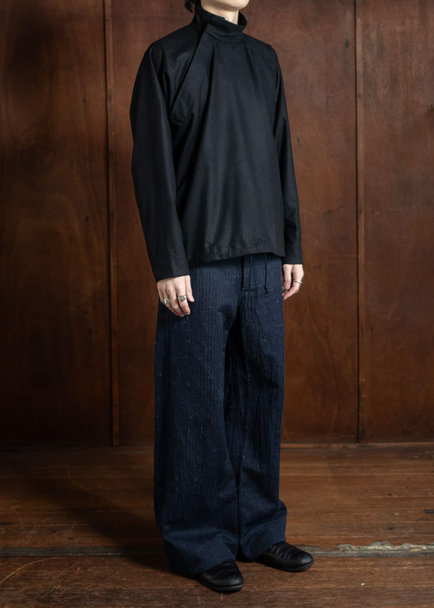 unkruid Wide Leg Trousers Dark Hairy Herringbone Denim