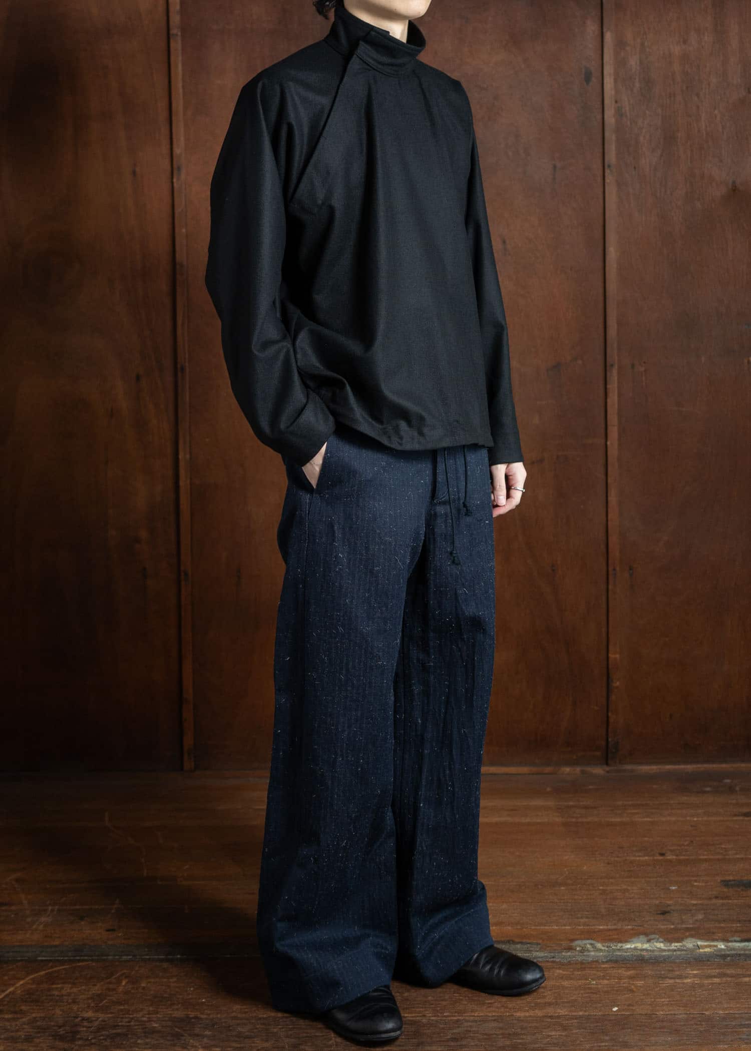 unkruid Wide Leg Trousers Dark Hairy Herringbone Denim