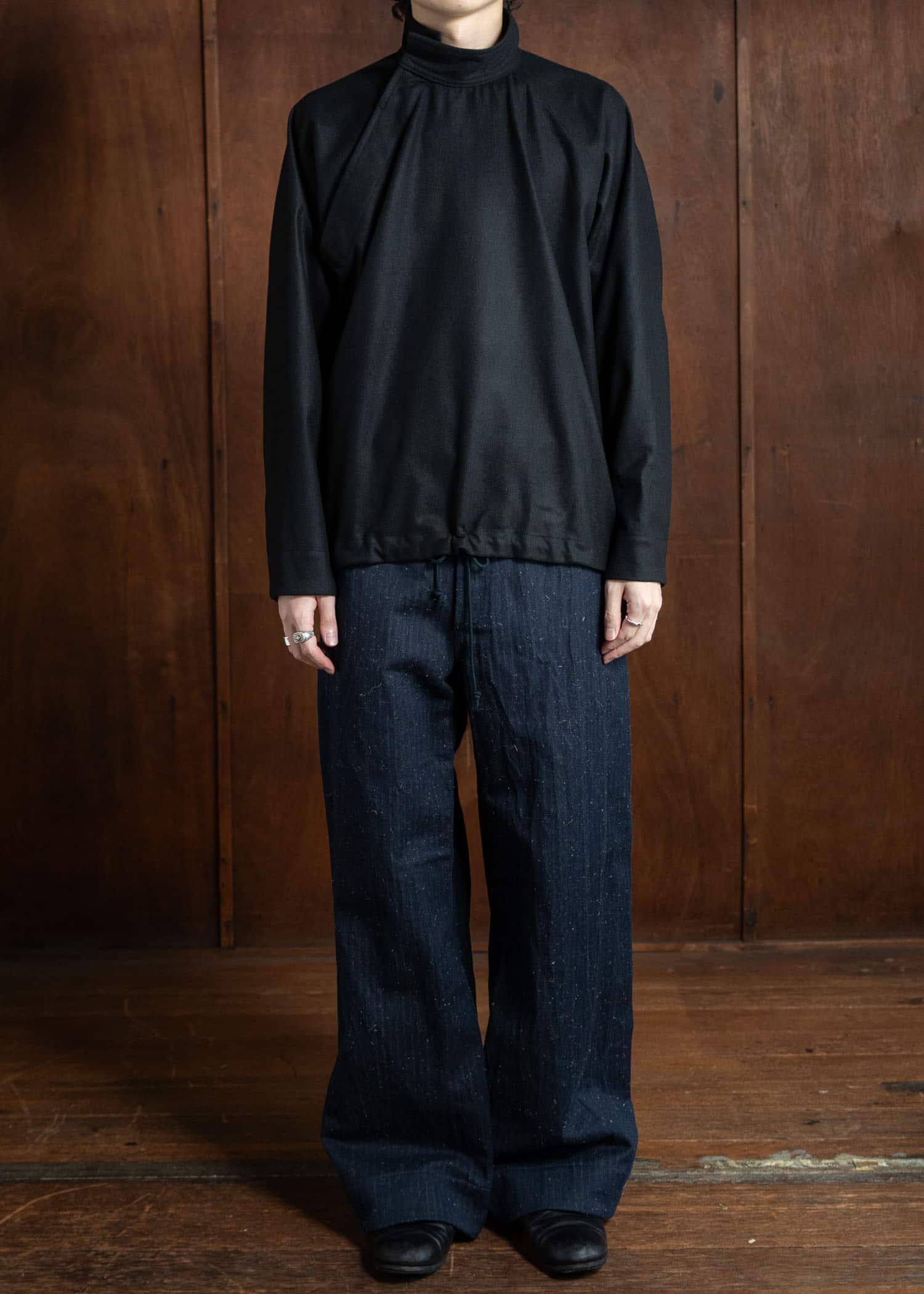 unkruid Wide Leg Trousers Dark Hairy Herringbone Denim