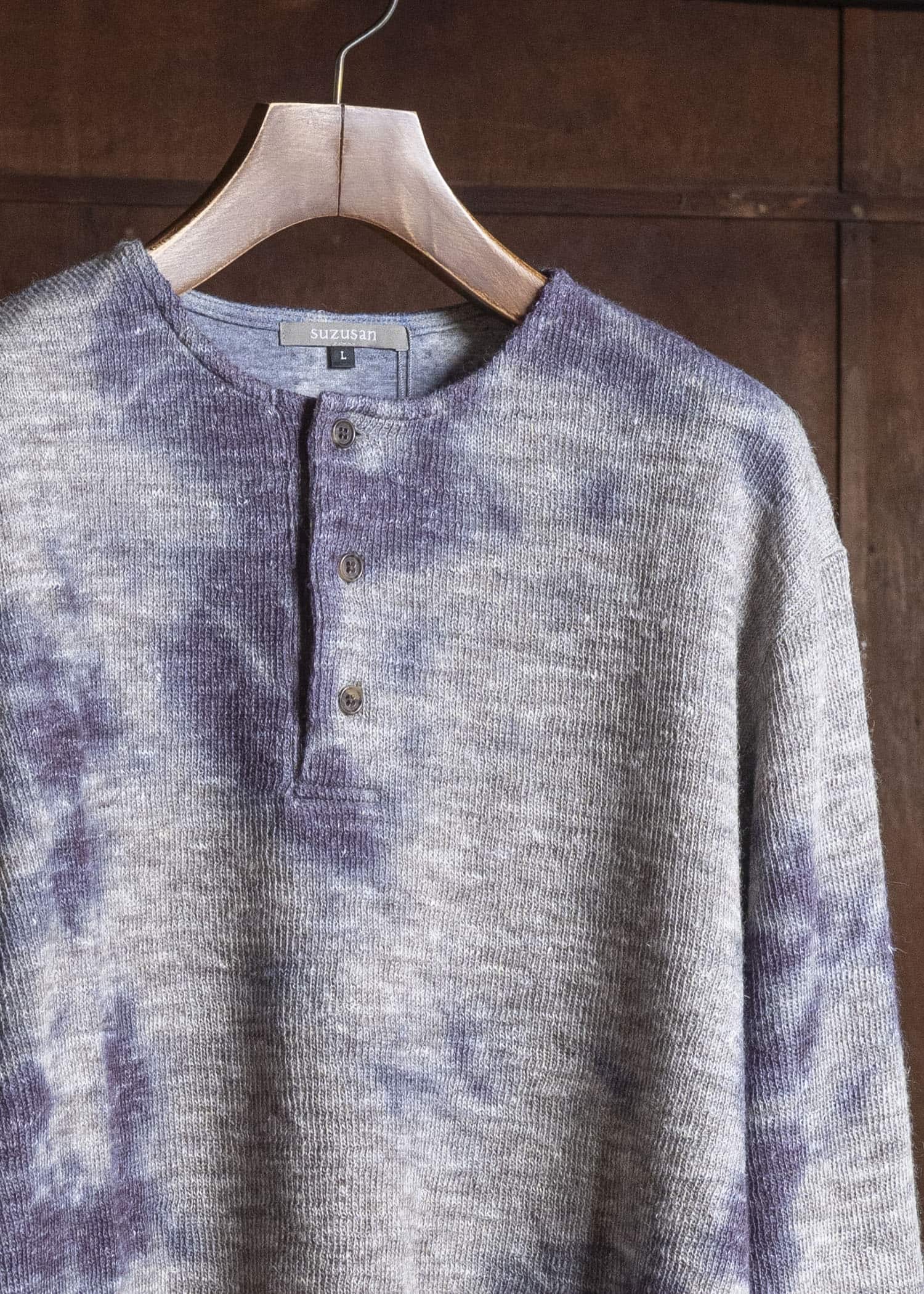 SUZUSAN 2079WLC-010 Dual Layered Wool Linen Cotton Jersey Long Sleeve Henley madara sibori 7012 Purple - Grey