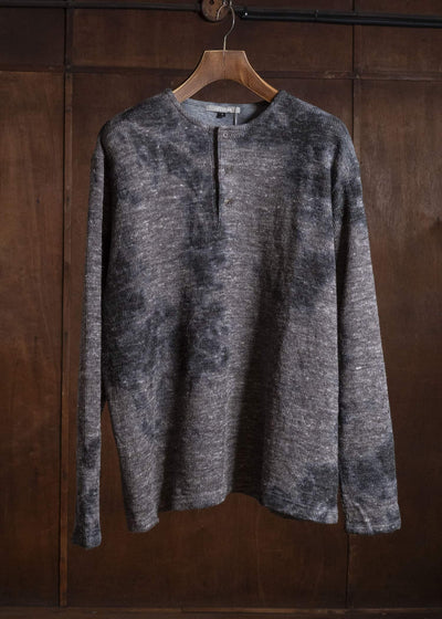 SUZUSAN 2079WLC-010 Dual Layered Wool Linen Cotton Jersey Long Sleeve Henley madara sibori 1067 Black - Muddy Brown