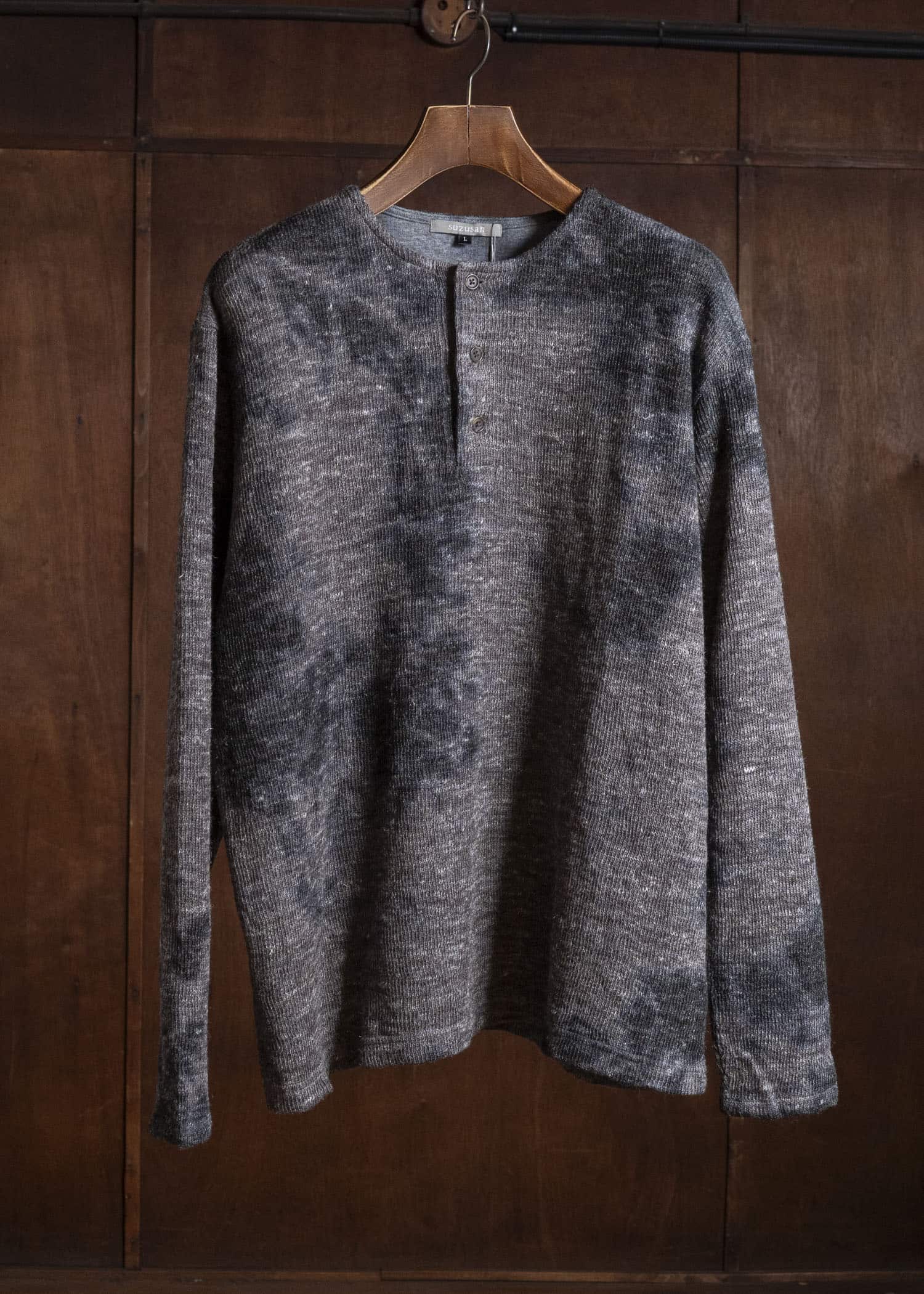 SUZUSAN 2079WLC-010 Dual Layered Wool Linen Cotton Jersey Long Sleeve Henley madara sibori 1067 Black - Muddy Brown