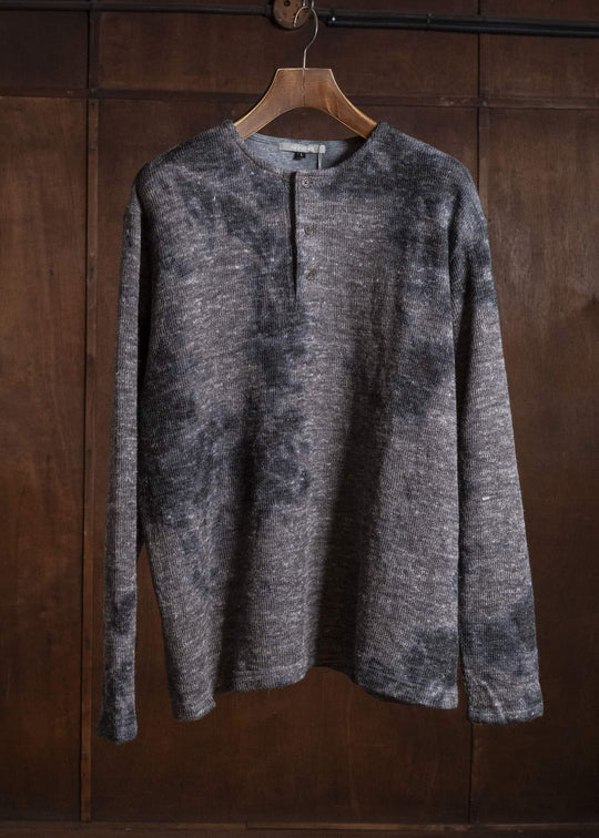 SUZUSAN 2079WLC-010 Dual Layered Wool Linen Cotton Jersey Long Sleeve Henley madara sibori 1067 Black - Muddy Brown