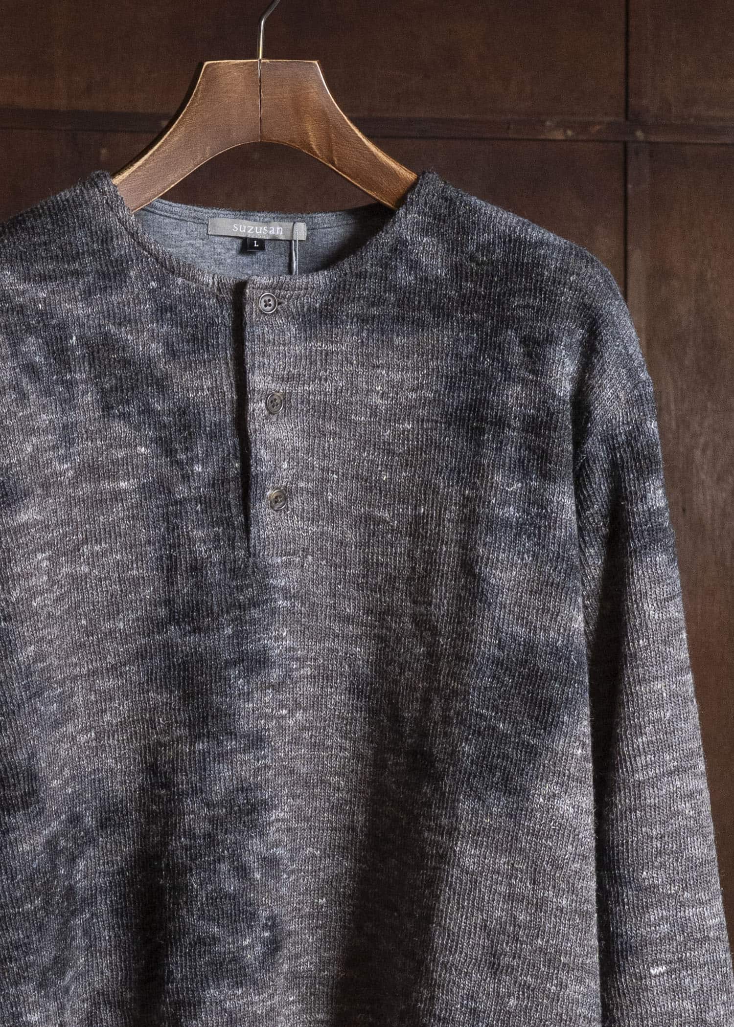 SUZUSAN 2079WLC-010 Dual Layered Wool Linen Cotton Jersey Long Sleeve Henley madara sibori 1067 Black - Muddy Brown