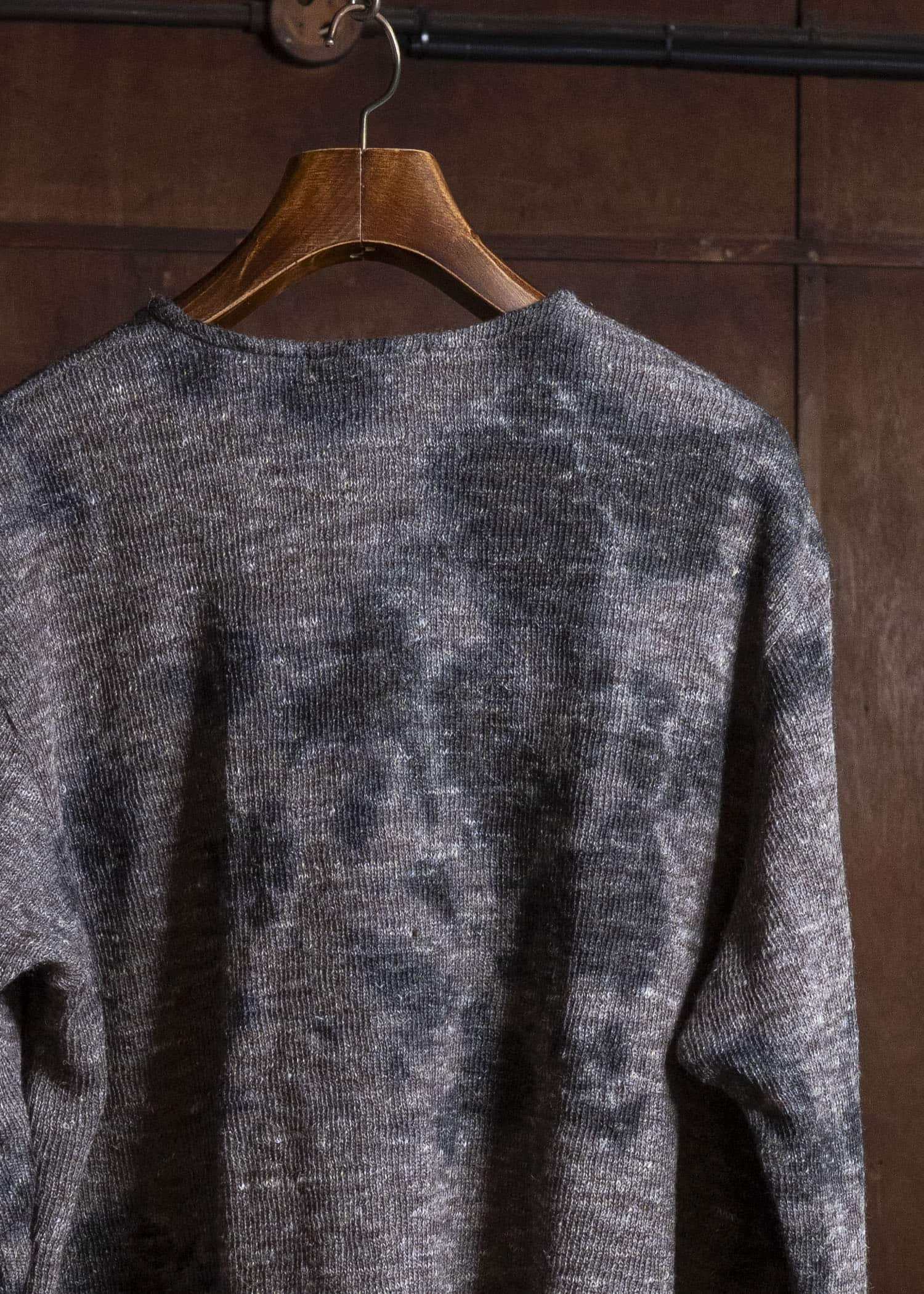 SUZUSAN 2079WLC-010 Dual Layered Wool Linen Cotton Jersey Long Sleeve Henley madara sibori 1067 Black - Muddy Brown