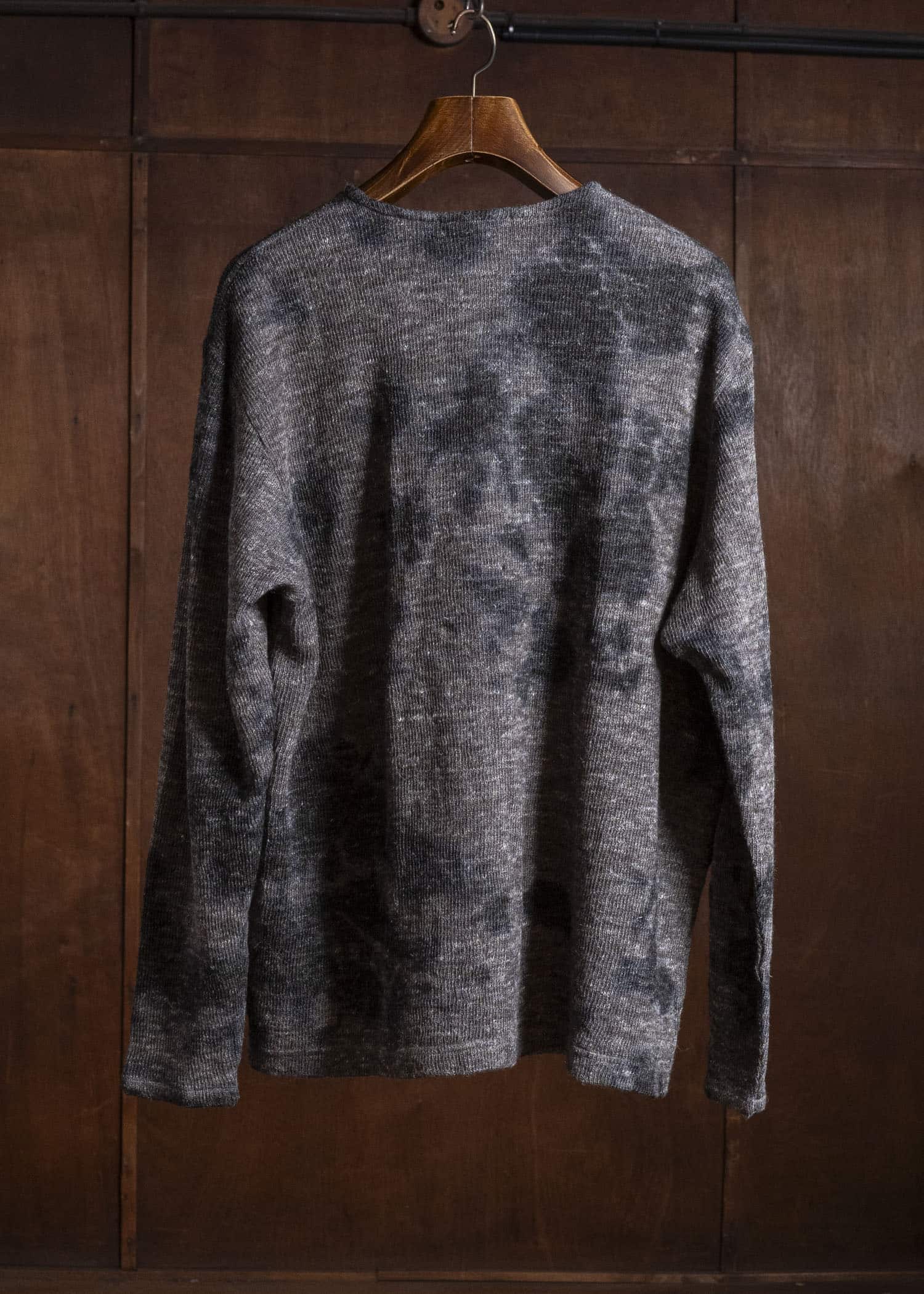 SUZUSAN 2079WLC-010 Dual Layered Wool Linen Cotton Jersey Long Sleeve Henley madara sibori 1067 Black - Muddy Brown