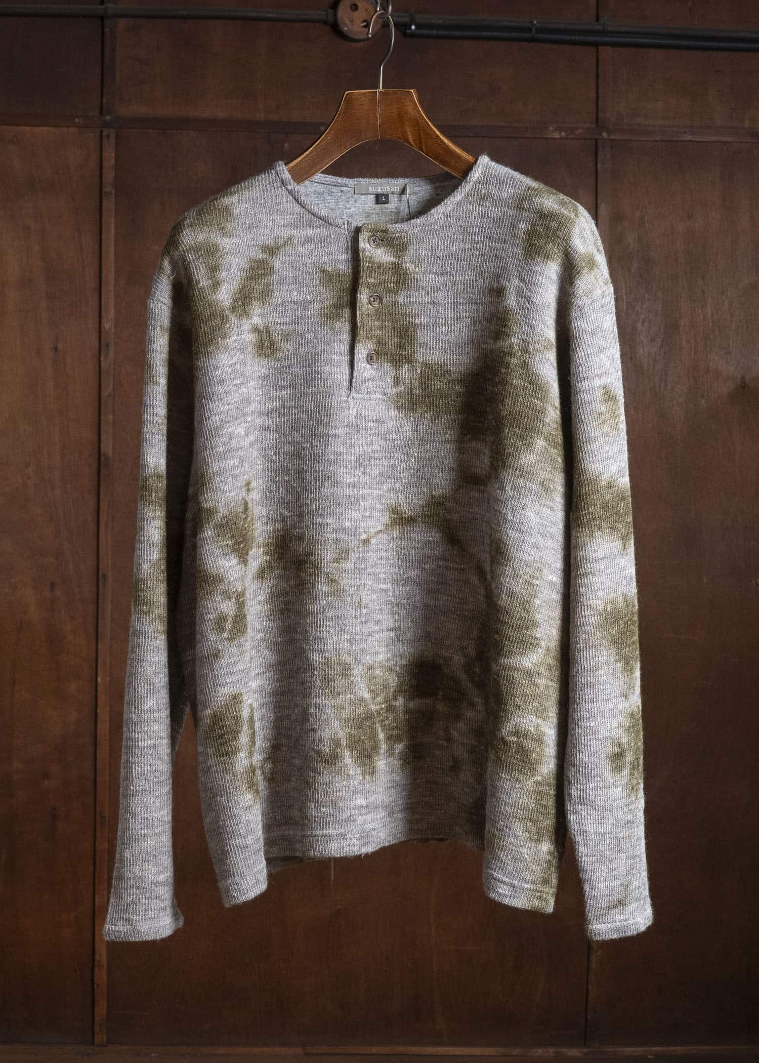 SUZUSAN 2079WLC-010 Dual Layered Wool Linen Cotton Jersey Long Sleeve Henley madara sibori 4812 Olive - Grey