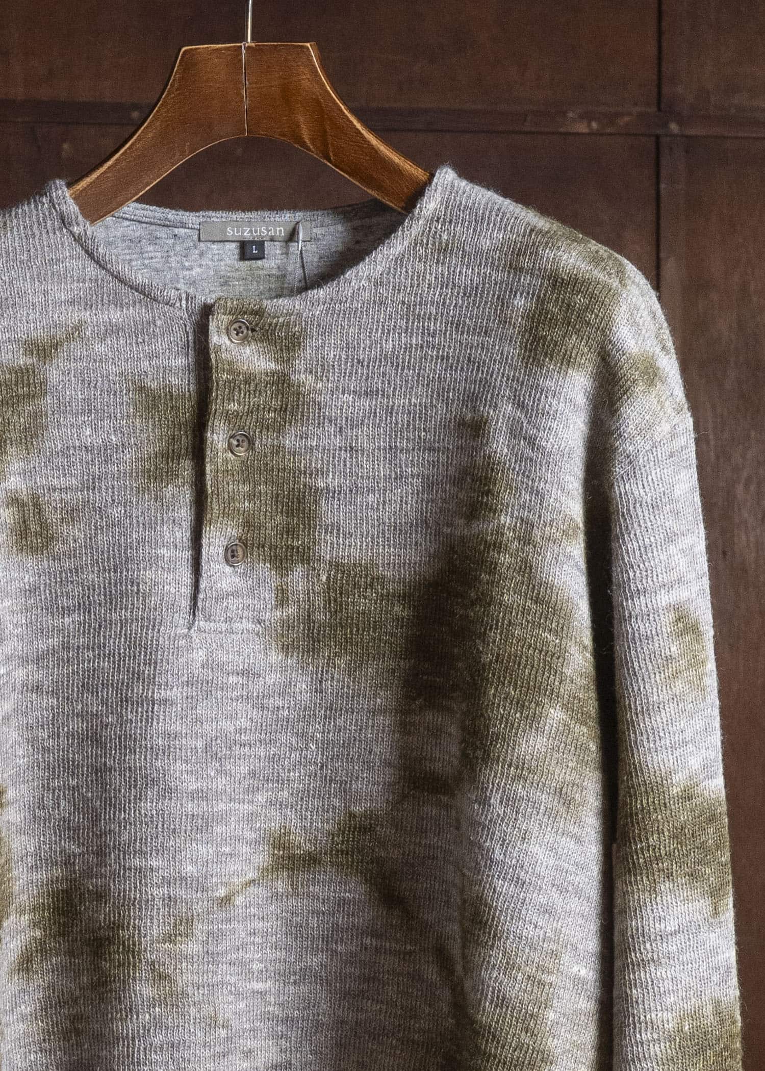 SUZUSAN 2079WLC-010 Dual Layered Wool Linen Cotton Jersey Long Sleeve Henley madara sibori 4812 Olive - Grey