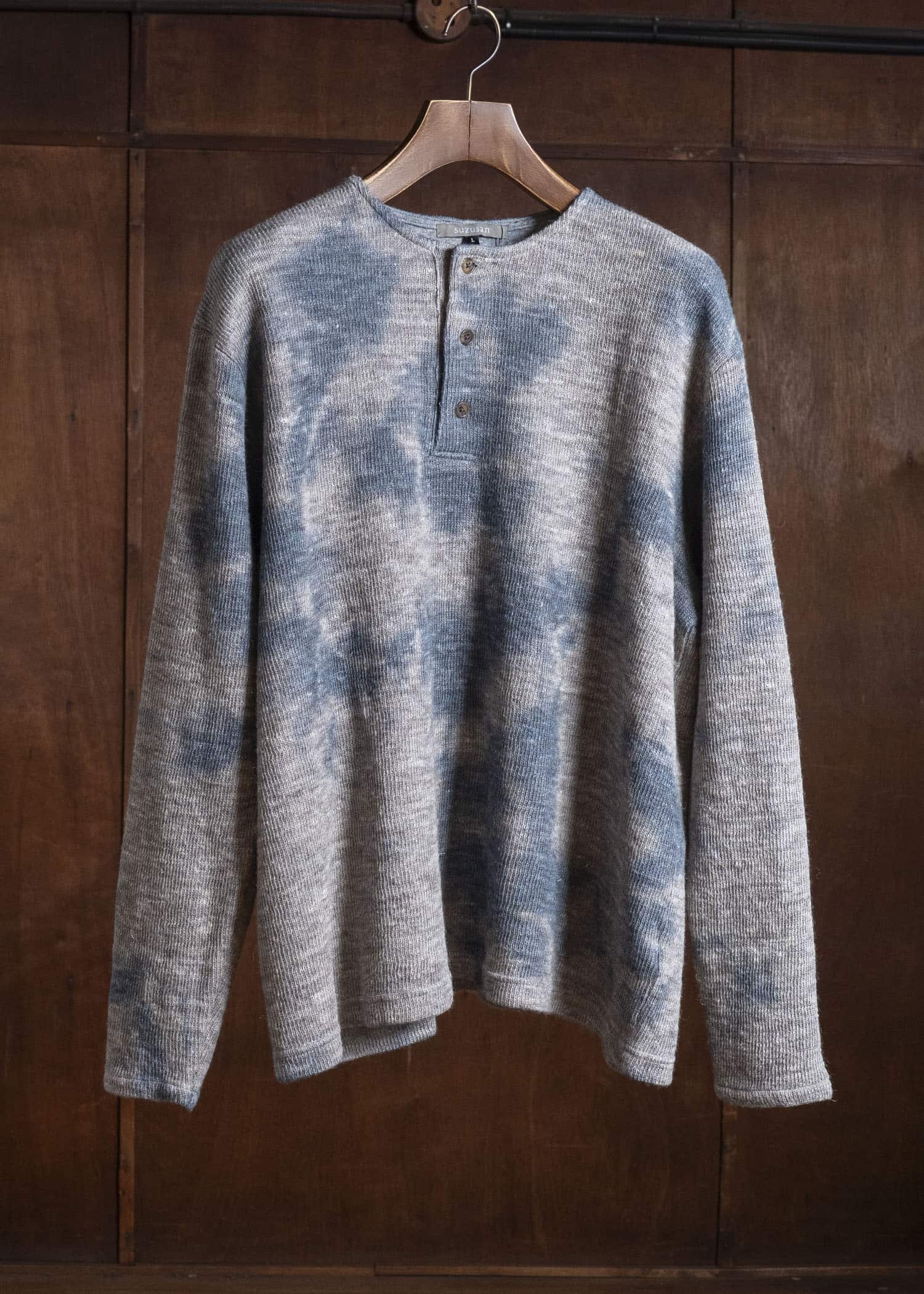 SUZUSAN 2079WLC-010 Dual Layered Wool Linen Cotton Jersey Long Sleeve Henley madara sibori 2212 Dark Blue - Grey
