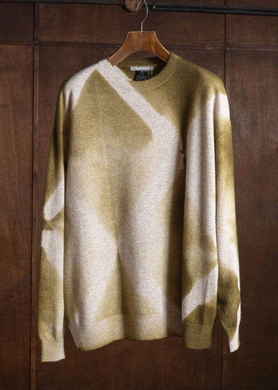 SUZUSAN Otsukei Exclusive Crew neck Cashmare Knit itajime shibori X Dark Olive - Beige