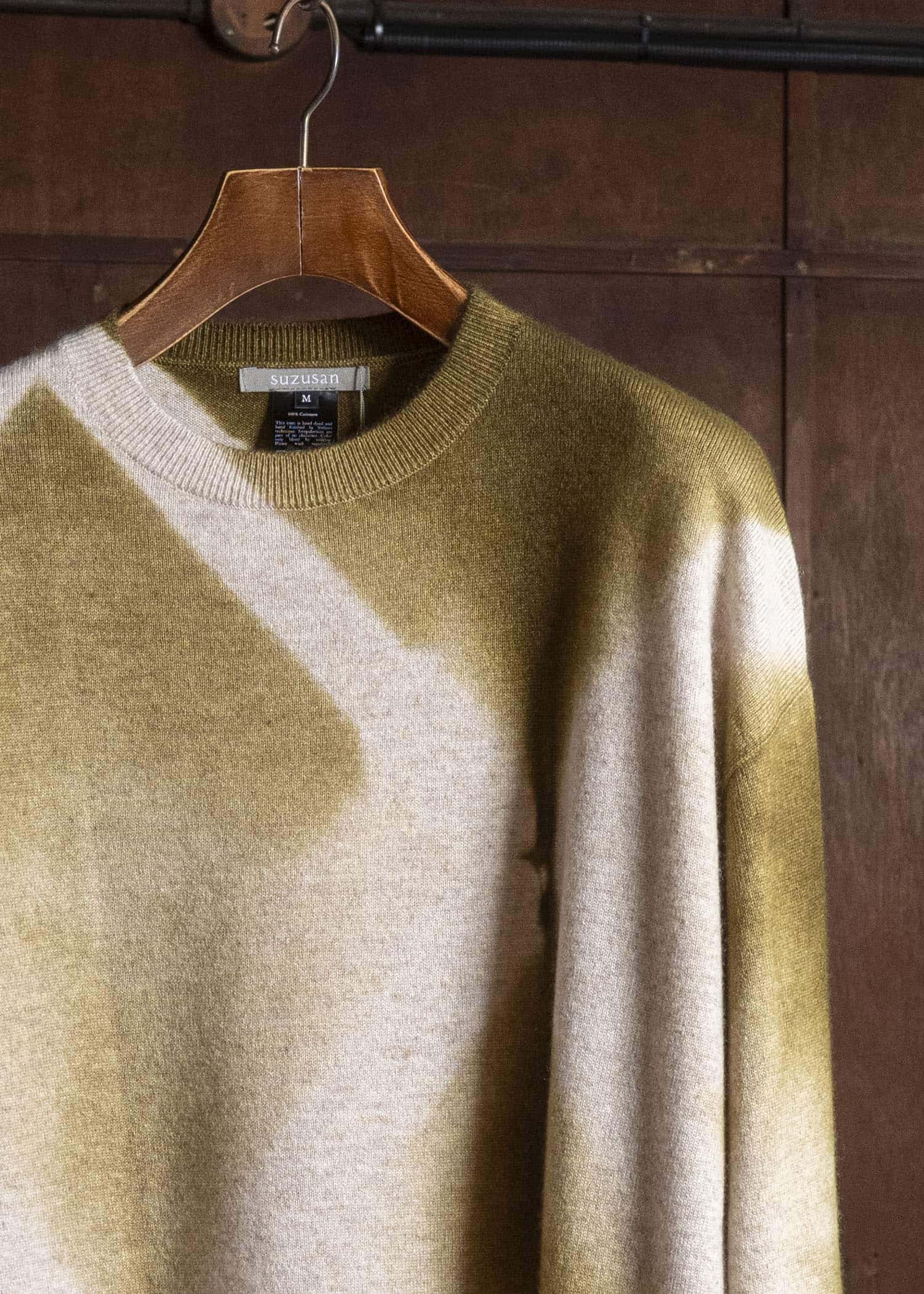 SUZUSAN Otsukei Exclusive Crew neck Cashmare Knit itajime shibori X Dark Olive - Beige