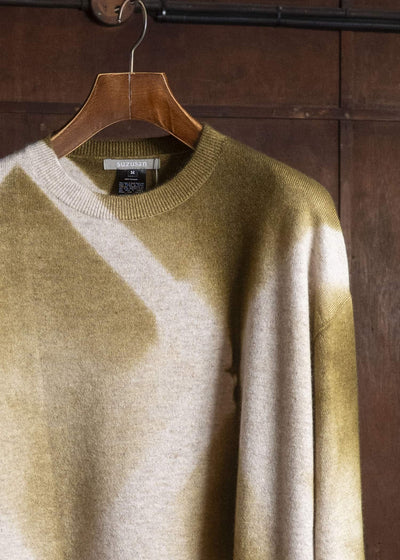 SUZUSAN Otsukei Exclusive Crew neck Cashmare Knit itajime shibori X Dark Olive - Beige