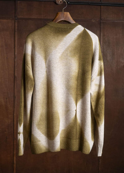 SUZUSAN Otsukei Exclusive Crew neck Cashmare Knit itajime shibori X Dark Olive - Beige
