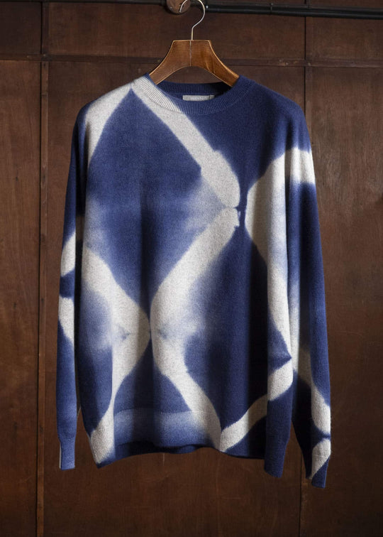 SUZUSAN Otsukei Exclusive Crew neck Cashmare Knit itajime shibori X Dark Blue - Grey