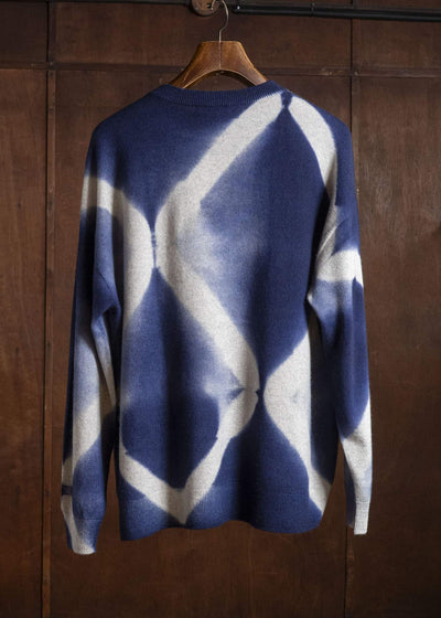 SUZUSAN Otsukei Exclusive Crew neck Cashmare Knit itajime shibori X Dark Blue - Grey