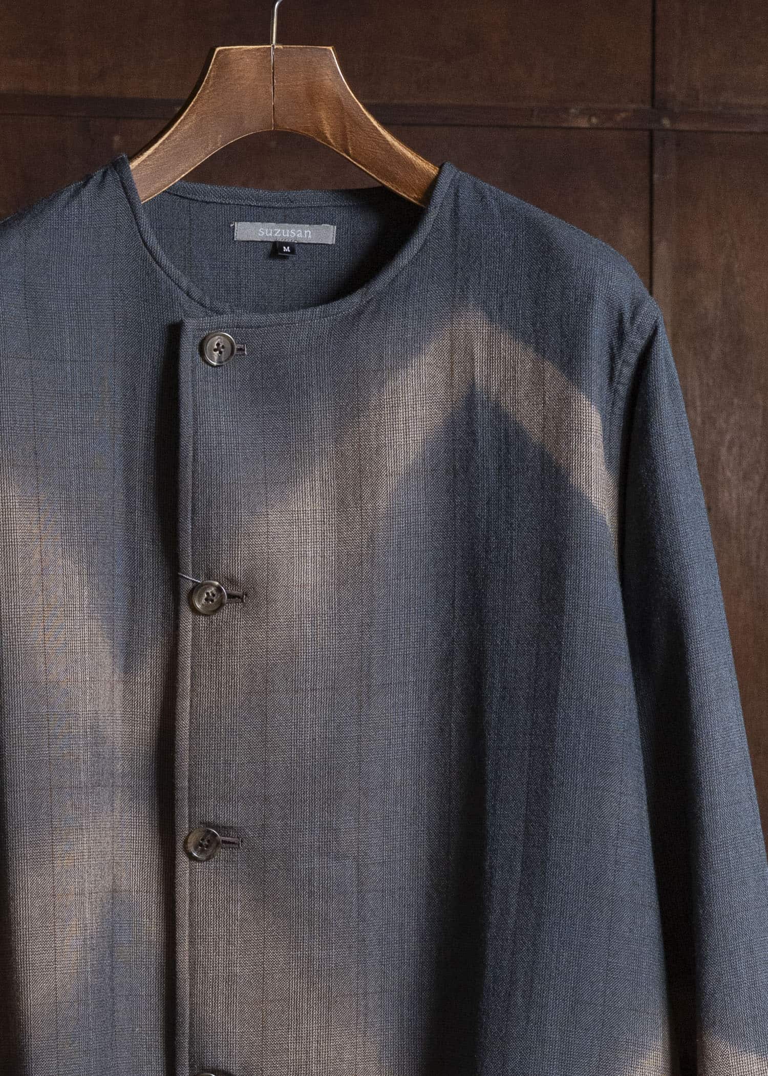 SUZUSAN 8044W-525 Wool Glen Check Wrap Coat itajime shibori X 2260 Dark Blue - Brown