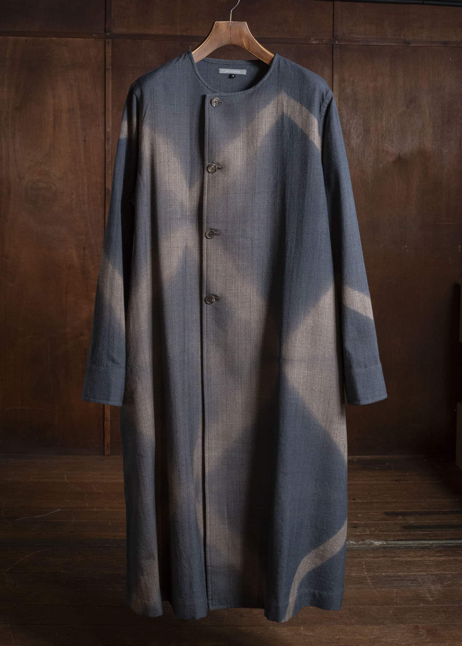 SUZUSAN 8044W-525 Wool Glen Check Wrap Coat itajime shibori X 2260 Dark Blue - Brown