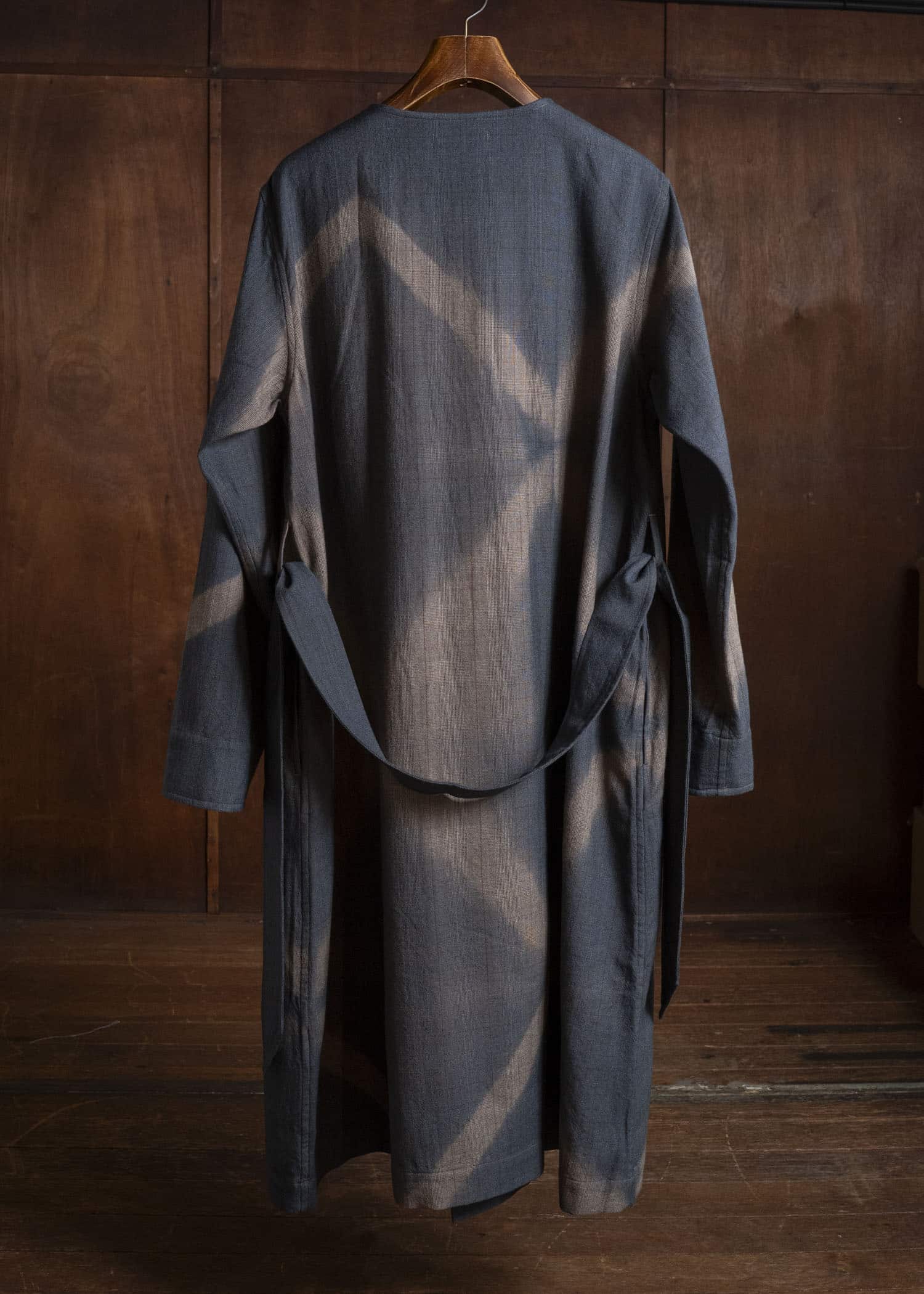 SUZUSAN 8044W-525 Wool Glen Check Wrap Coat itajime shibori X 2260 Dark Blue - Brown