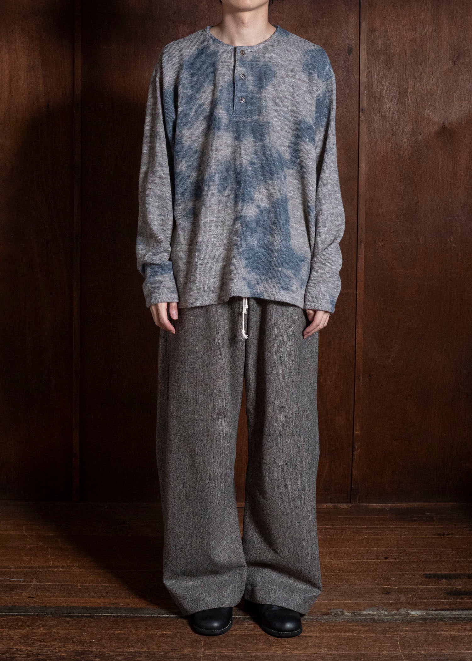 SUZUSAN 2079WLC-010 Dual Layered Wool Linen Cotton Jersey Long Sleeve Henley madara sibori 2212 Dark Blue - Grey