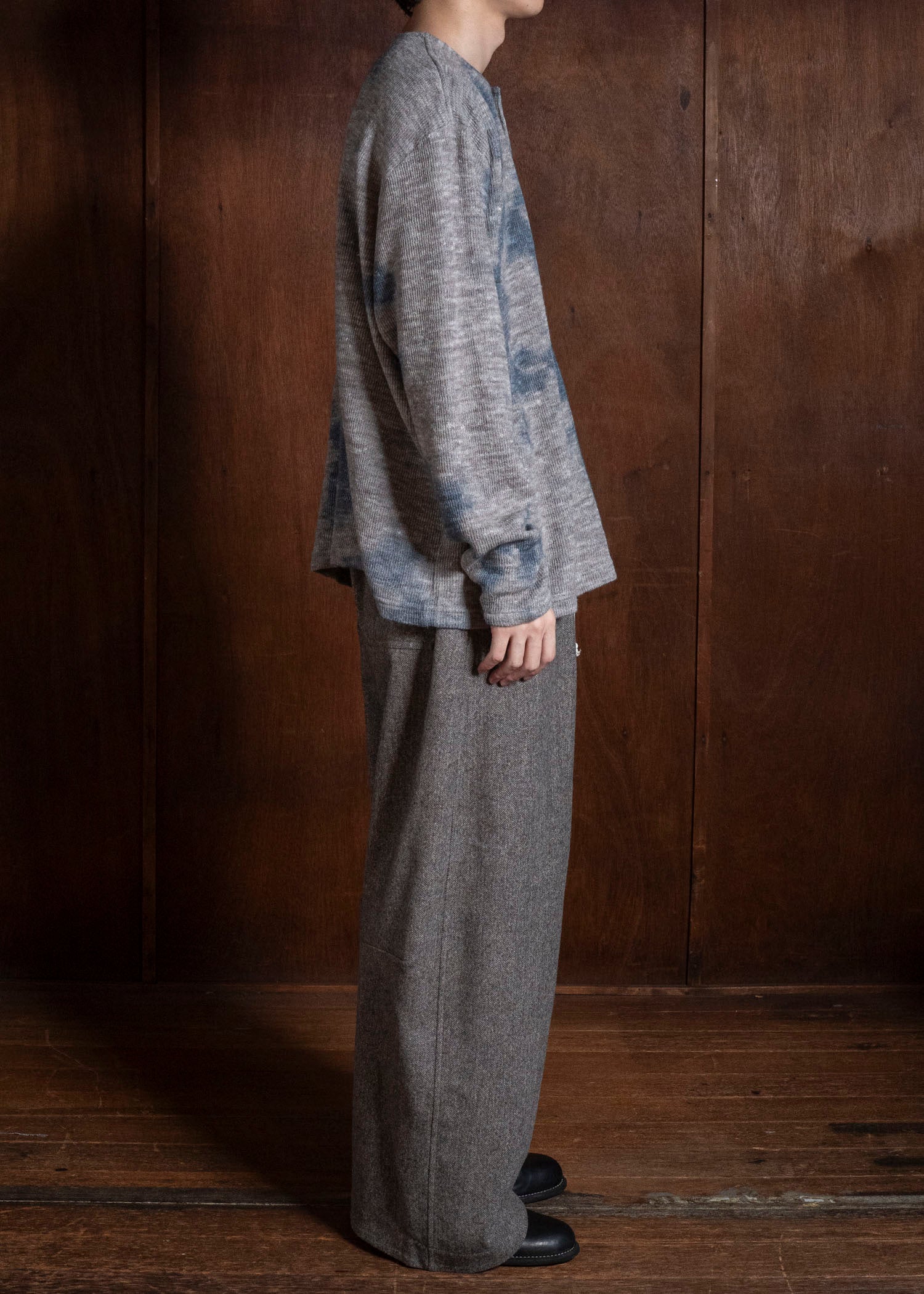 SUZUSAN 2079WLC-010 Dual Layered Wool Linen Cotton Jersey Long Sleeve Henley madara sibori 2212 Dark Blue - Grey