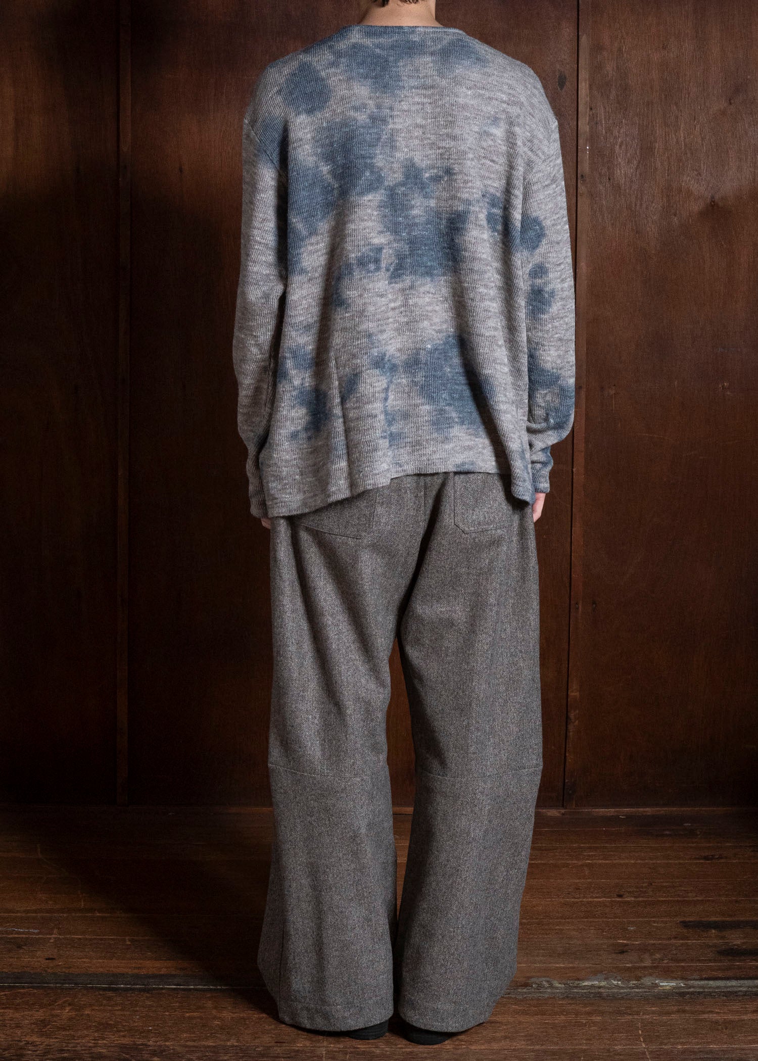 SUZUSAN 2079WLC-010 Dual Layered Wool Linen Cotton Jersey Long Sleeve Henley madara sibori 2212 Dark Blue - Grey
