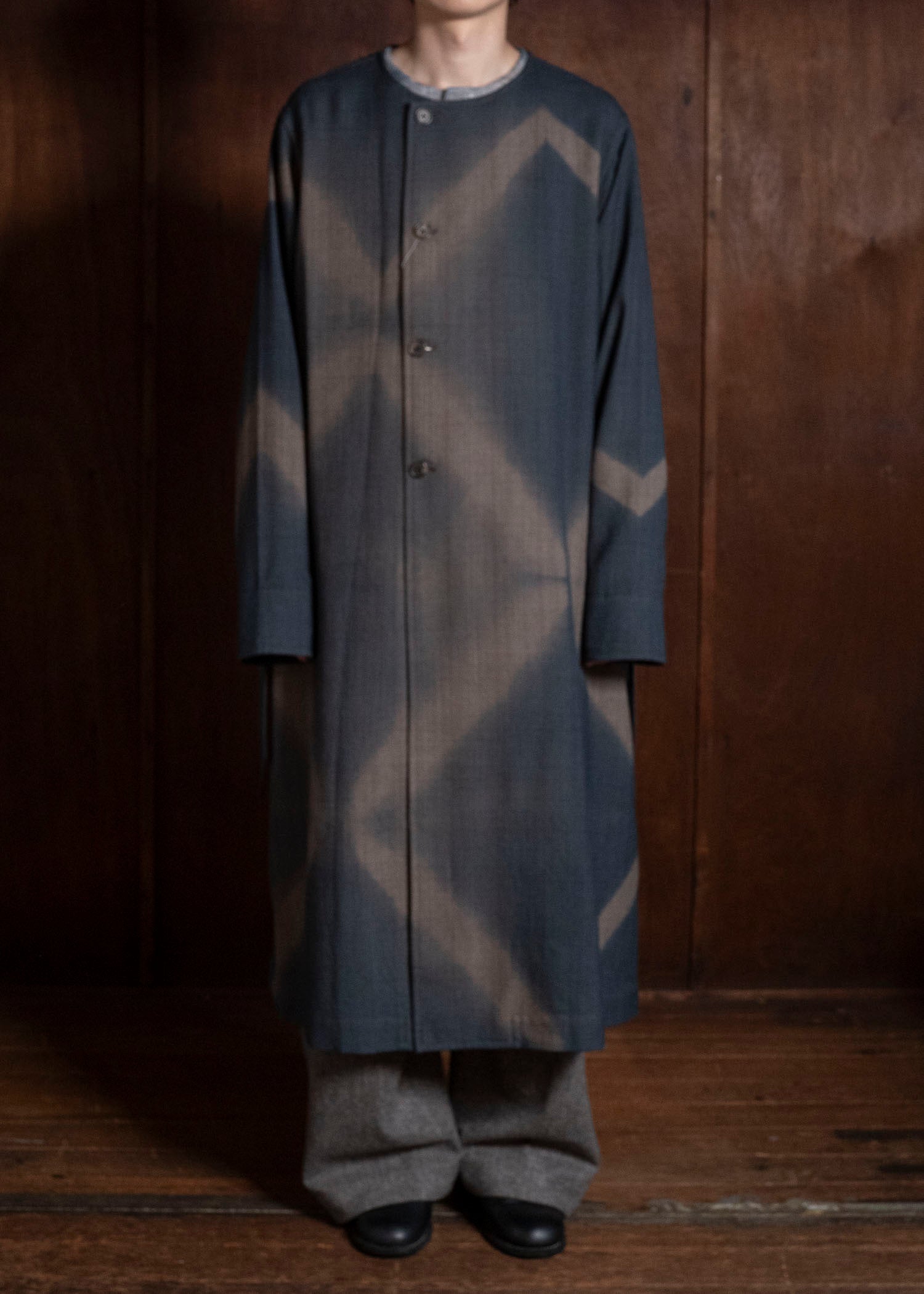 SUZUSAN 8044W-525 Wool Glen Check Wrap Coat itajime shibori X 2260 Dark Blue - Brown