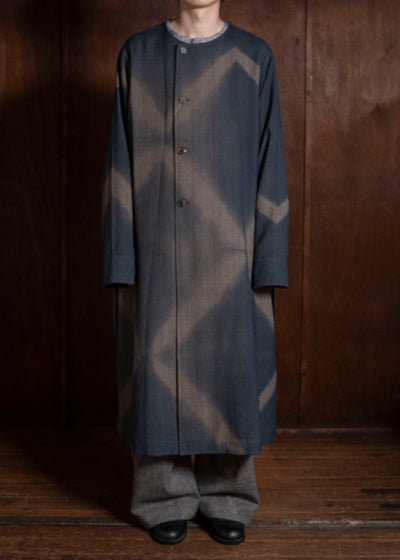 SUZUSAN 8044W-525 Wool Glen Check Wrap Coat itajime shibori X 2260 Dark Blue - Brown