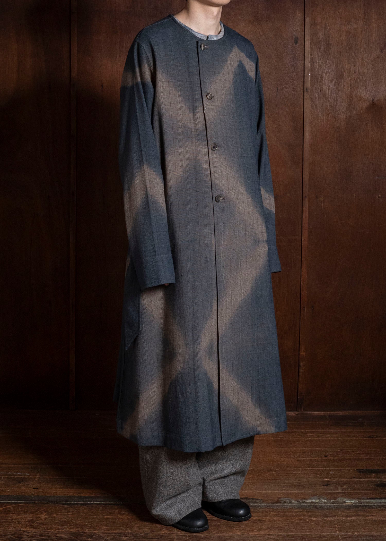 SUZUSAN 8044W-525 Wool Glen Check Wrap Coat itajime shibori X 2260 Dark Blue - Brown