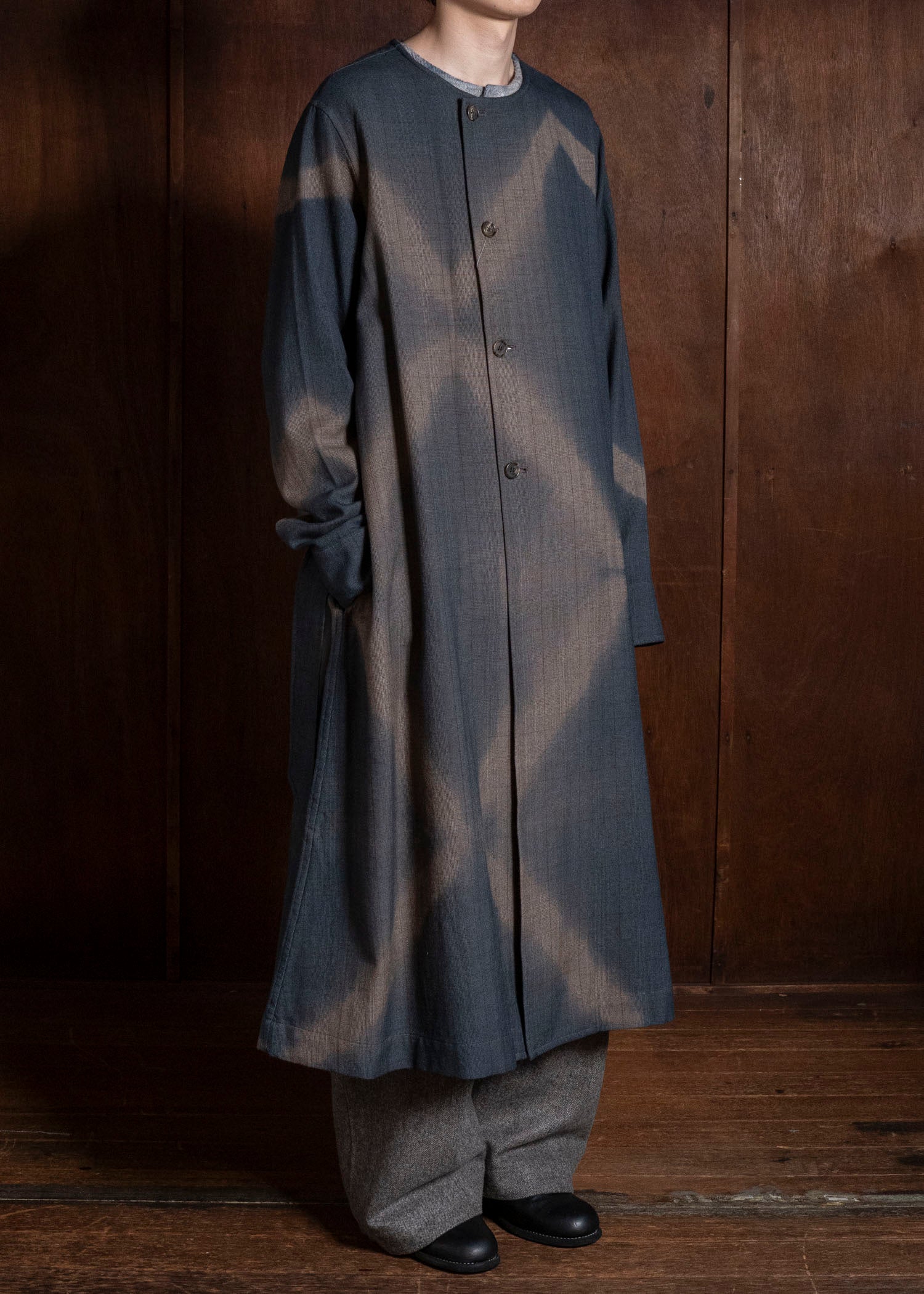 SUZUSAN 8044W-525 Wool Glen Check Wrap Coat itajime shibori X 2260 Dark Blue - Brown